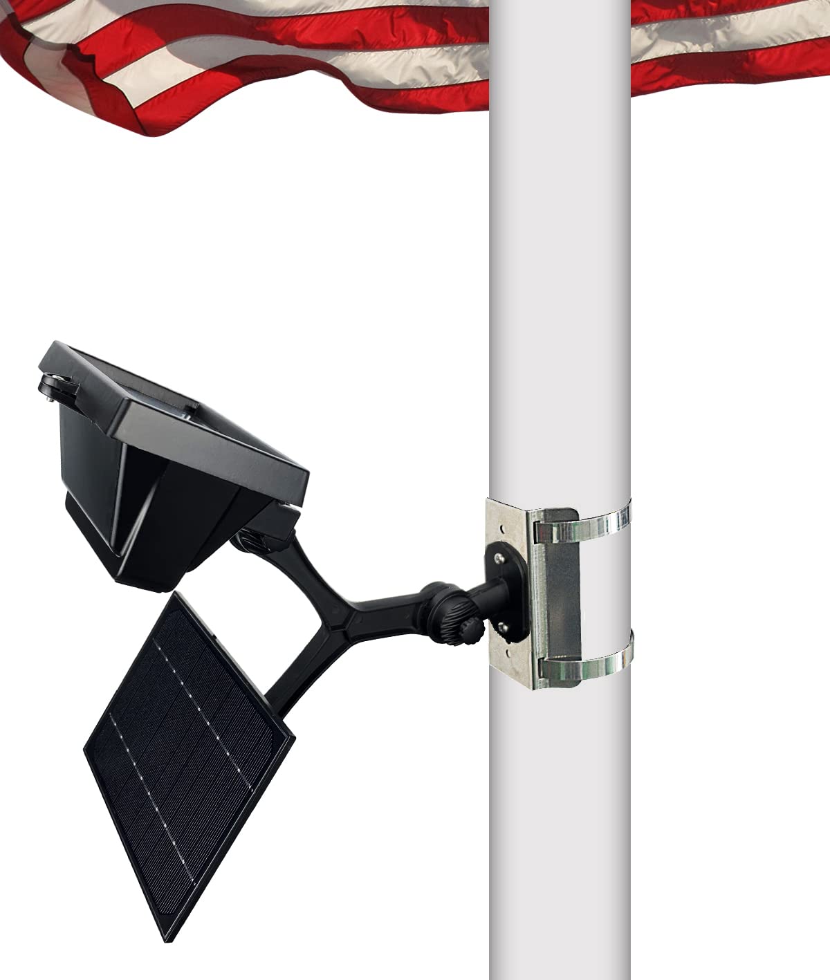 600W Aluminum Flag Pole Light Solar Powered 12 Ultra Bright LED 6000K White Adjustable Metal Clamp Fits 2-6" Diameter Flagpoles Outdoor Dusk to Dawn 100% Coverage Lights Black