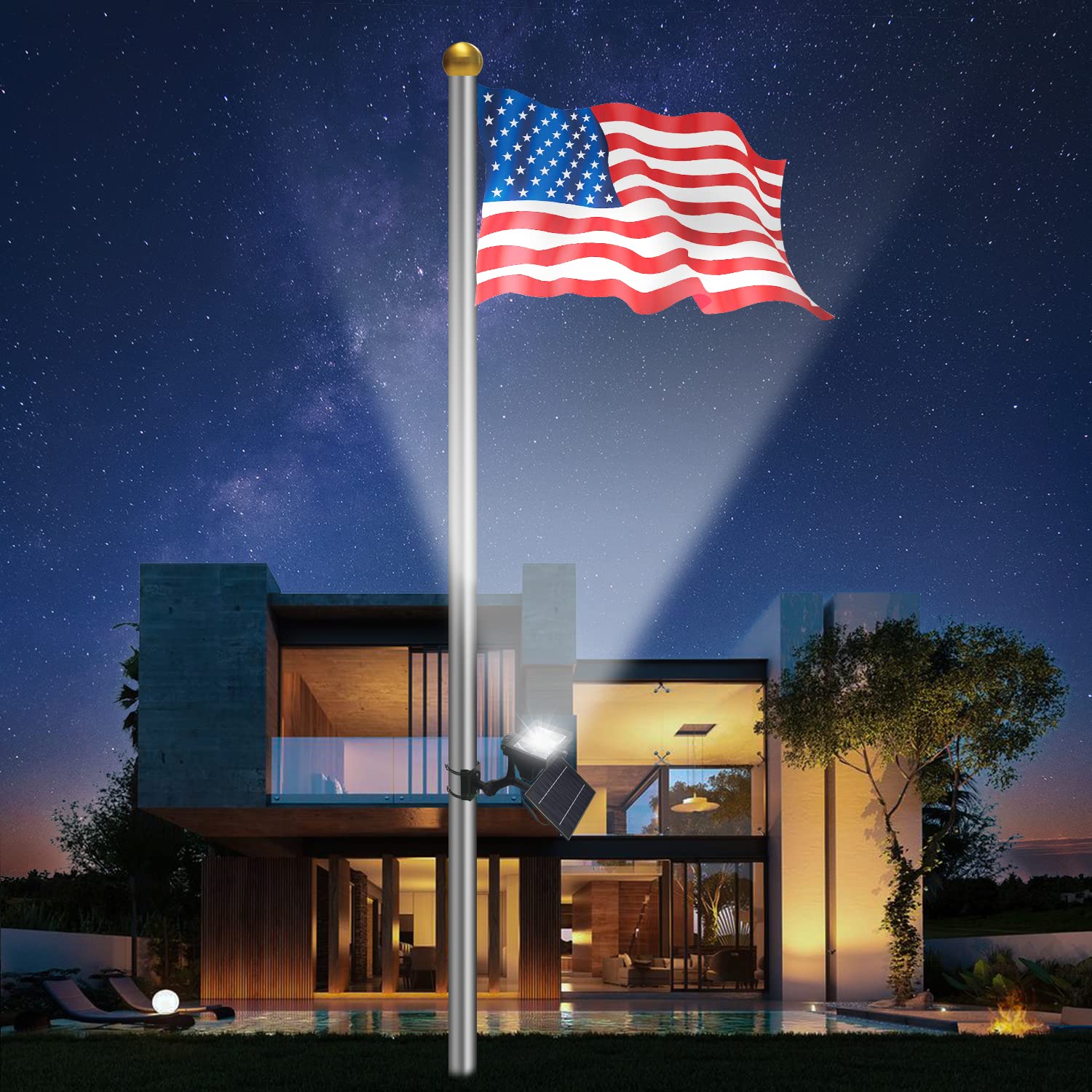 600W Aluminum Flag Pole Light Solar Powered 12 Ultra Bright LED 6000K White Adjustable Metal Clamp Fits 2-6" Diameter Flagpoles Outdoor Dusk to Dawn 100% Coverage Lights Black