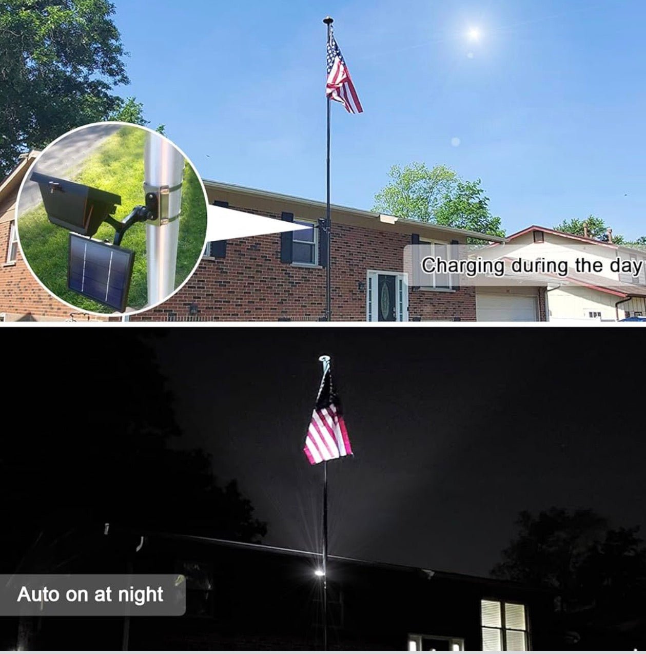 600W Aluminum Flag Pole Light Solar Powered 12 Ultra Bright LED 6000K White Adjustable Metal Clamp Fits 2-6" Diameter Flagpoles Outdoor Dusk to Dawn 100% Coverage Lights Black