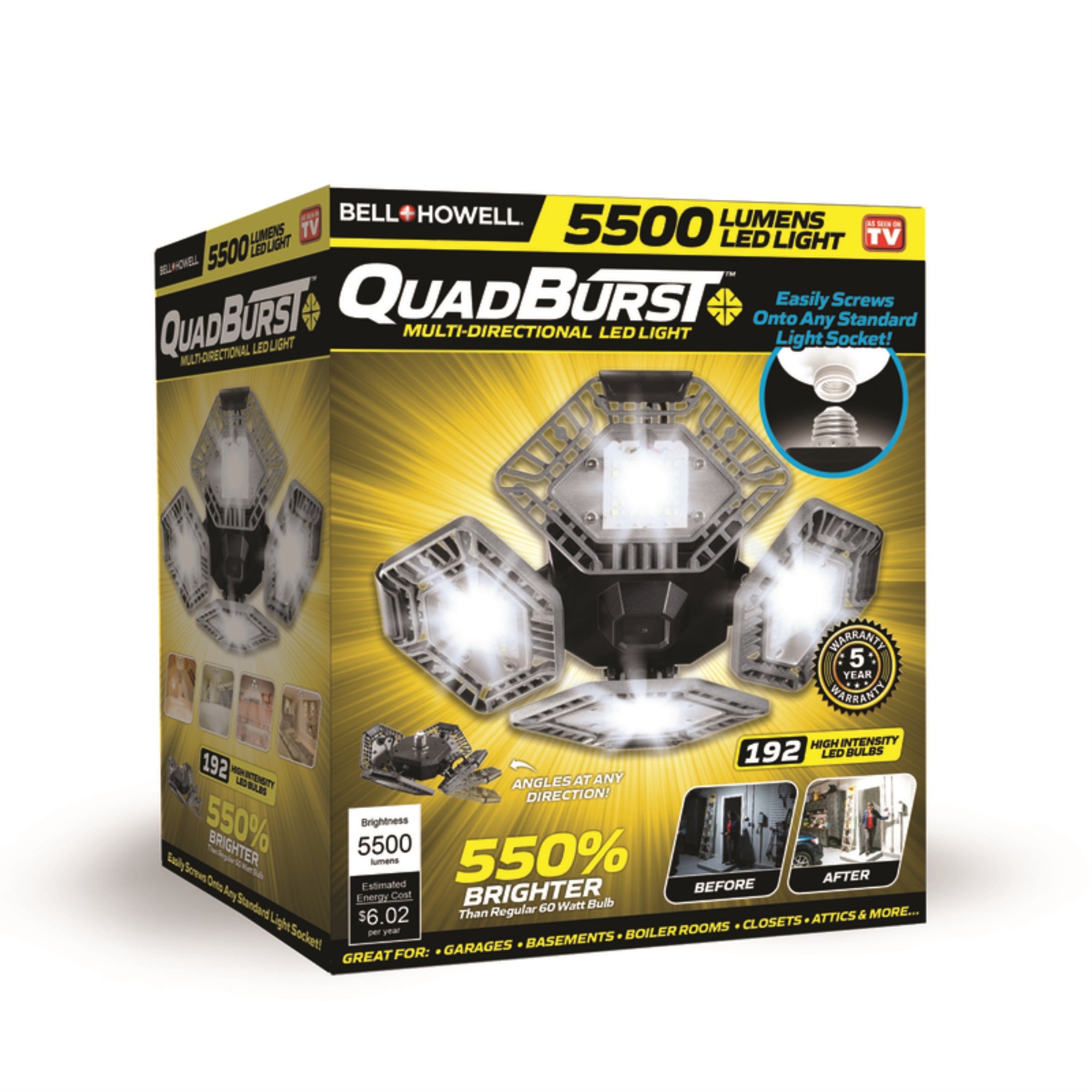 Bell+Howell QUADBURST LED Shop Light, 80W, 5500 Lumen, Aluminum, Grey, Model 7641, Deformable Panels