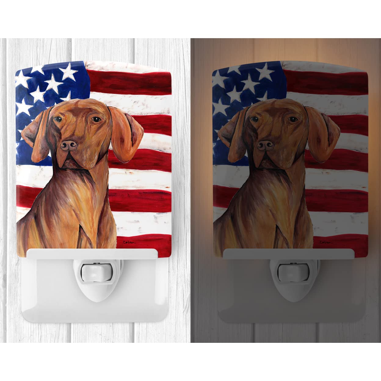Carolines Treasures Ceramic Night Light, USA American Flag with Vizsla, Model SC9022CNL, 6x4x3 inches, Multicolor