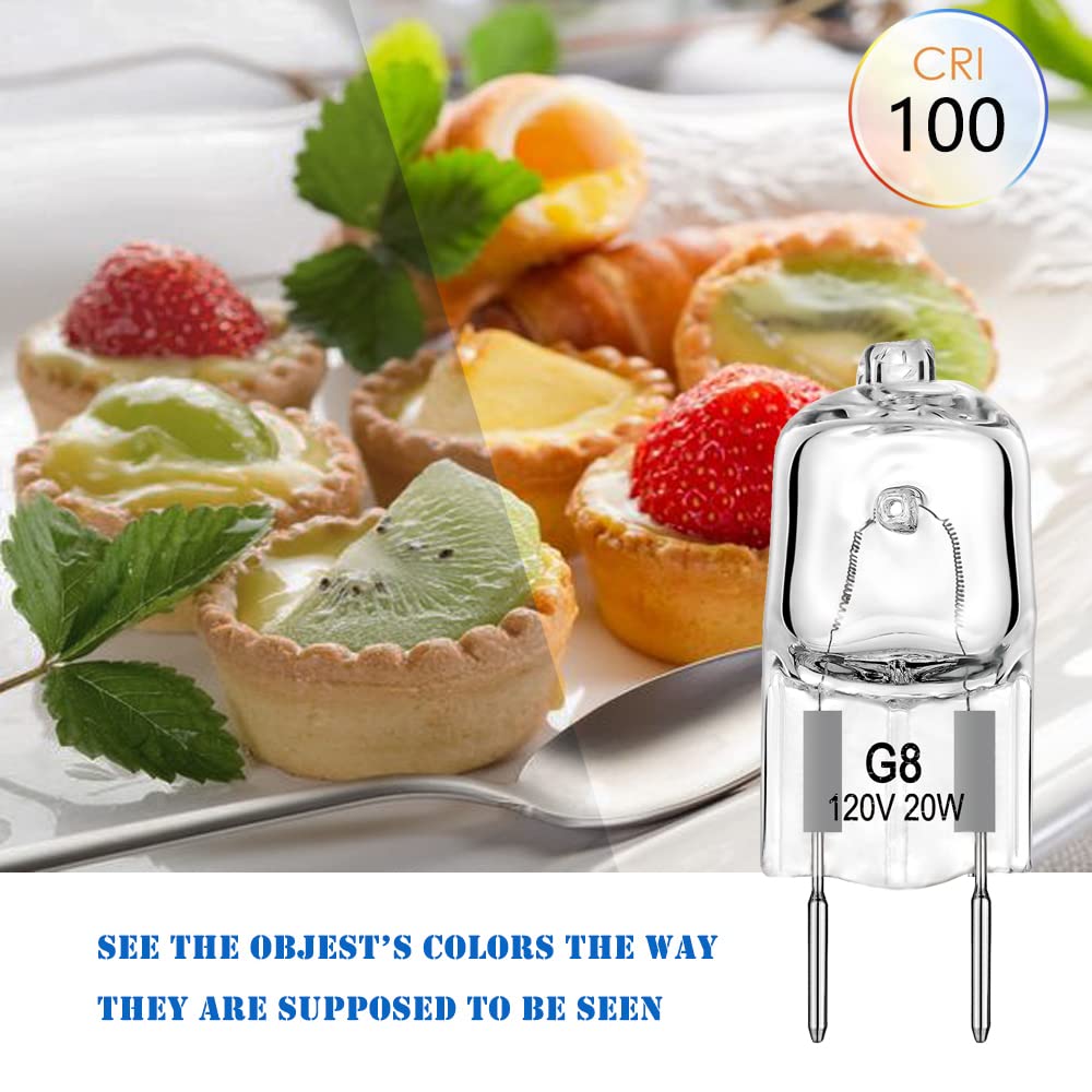 Bogao G8 Halogen Light Bulbs 20W 120V, 12-Pack, Glass, Warm White, 1-3/8 Length, Ideal For Under Cabinet Puck