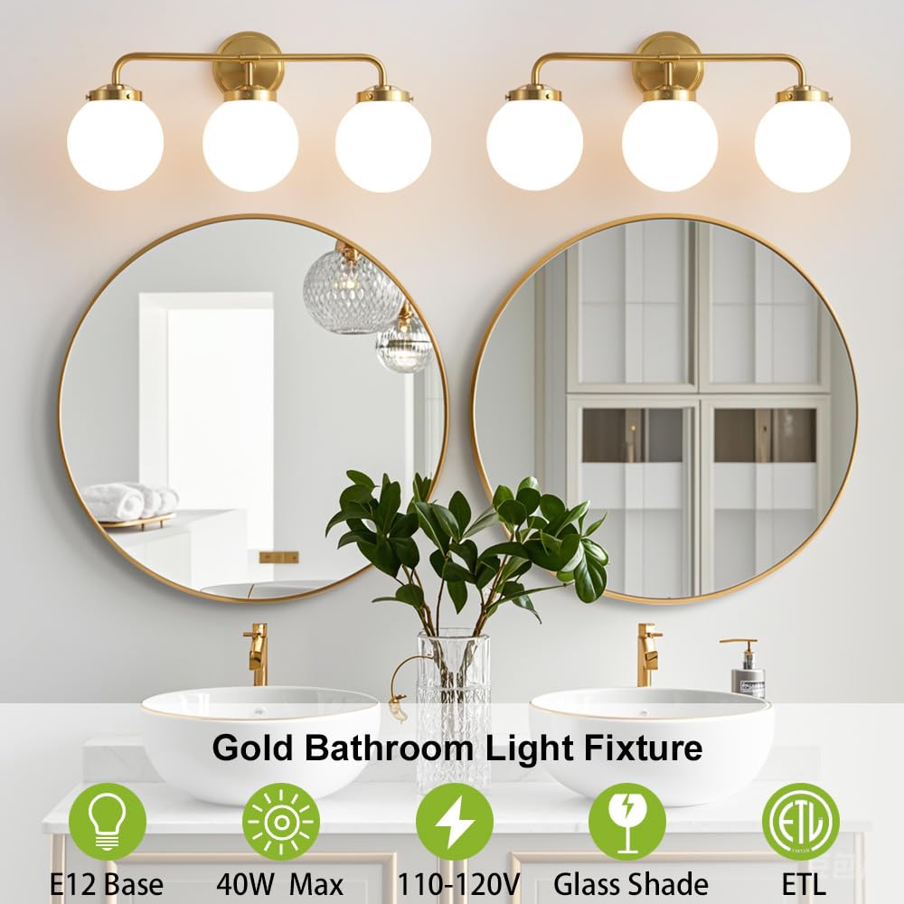 Deyidn Gold Bathroom Vanity Light Fixtures Over Mirror, Modern Brass 3 Lights Wall Sconce With Milky Glass Ball Shade, Mid Centu