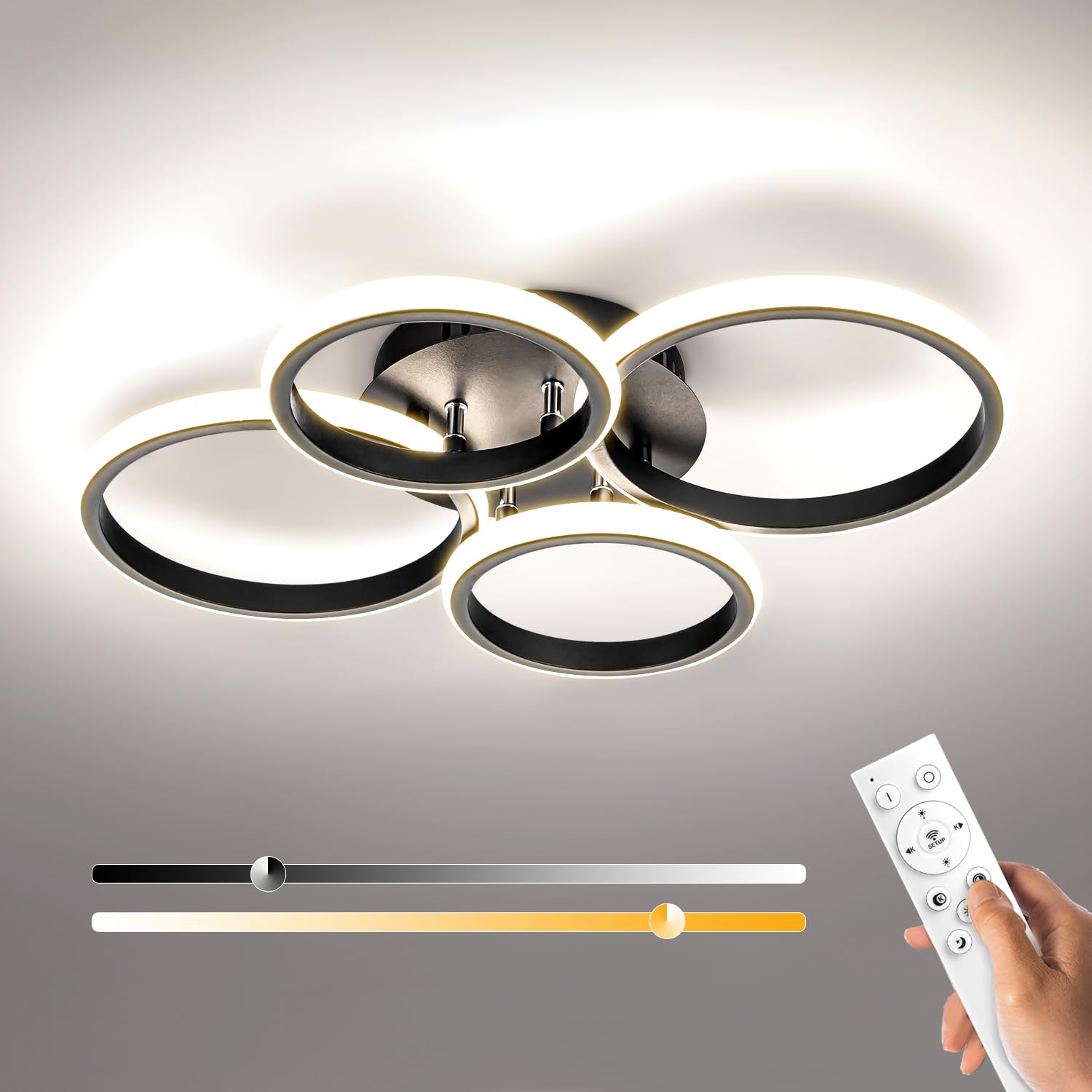 4 Ring Modern Led Ceiling Light Fixture With Remote Control, 3000K-6500K 3-Color Black Dimming Circle Modern Ceiling Light For B