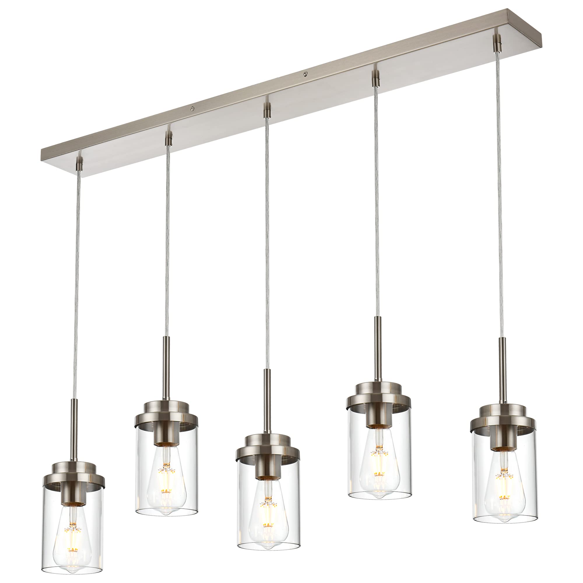 MELUCEE Kitchen Island Lighting, 5 Lights Modern Chandeliers, Brushed Nickel, Metal, 40.1 Inches Length, Clear Glass Shade