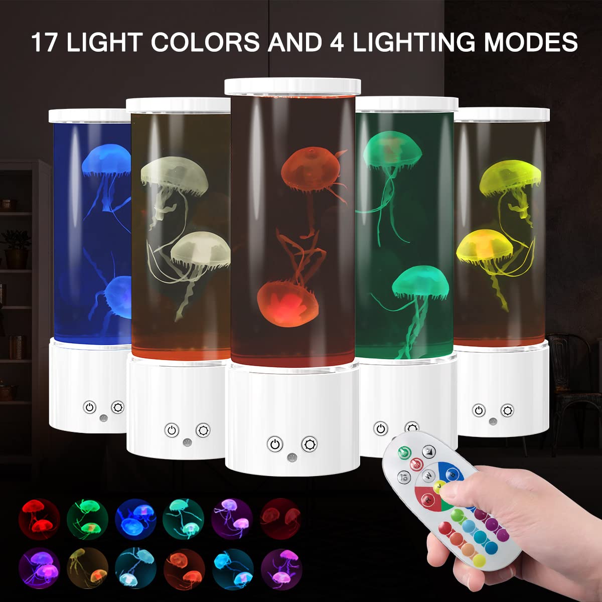 KIKILIVE Jellyfish Lamp - LED Aquarium Night Light, 11.6" Tall, Remote Control, 17 Color Changing, White, Model 21081602