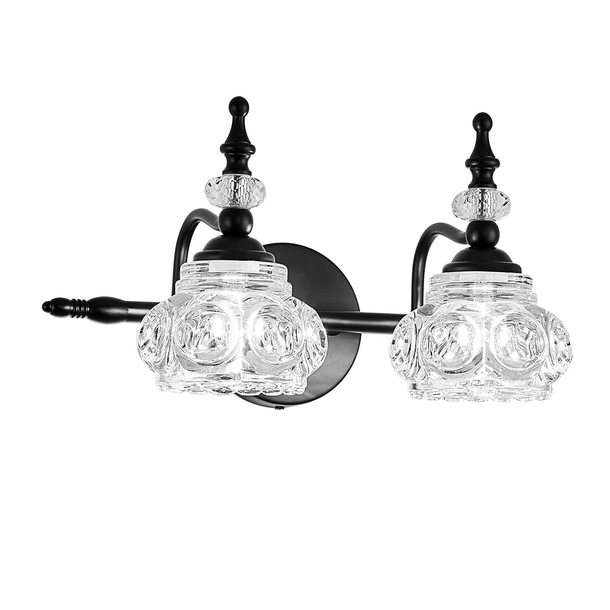 Zilanl 2-Light Vintage Crystal Wall Sconce, Black Finish, Glass Shade For Bathroom & Bedroom