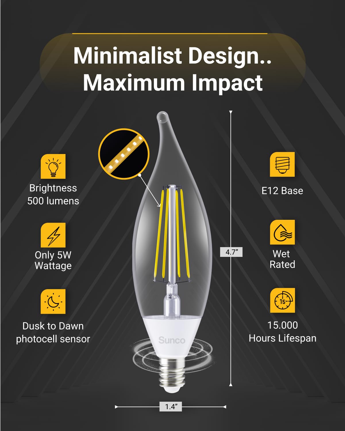 Sunco Lighting CA11 LED Candelabra Bulbs, 10 Pack, 5W=40W, 2700K Soft White, E12 Base, Decorative Flame Tip, Photocell