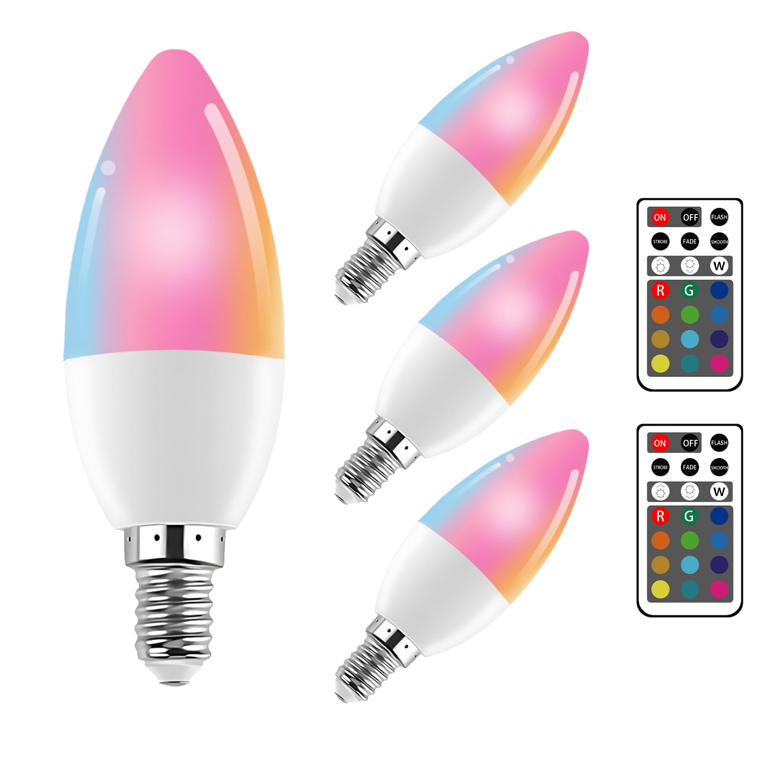 Xrise E12 Led Bulb 3W Color Changing Candle Light (Rgb + Warm White) 12 Colors  3000K  Remote Control Included (2 Remote) Decorative Candle Lamp For Stage Home Decor 4 Pack