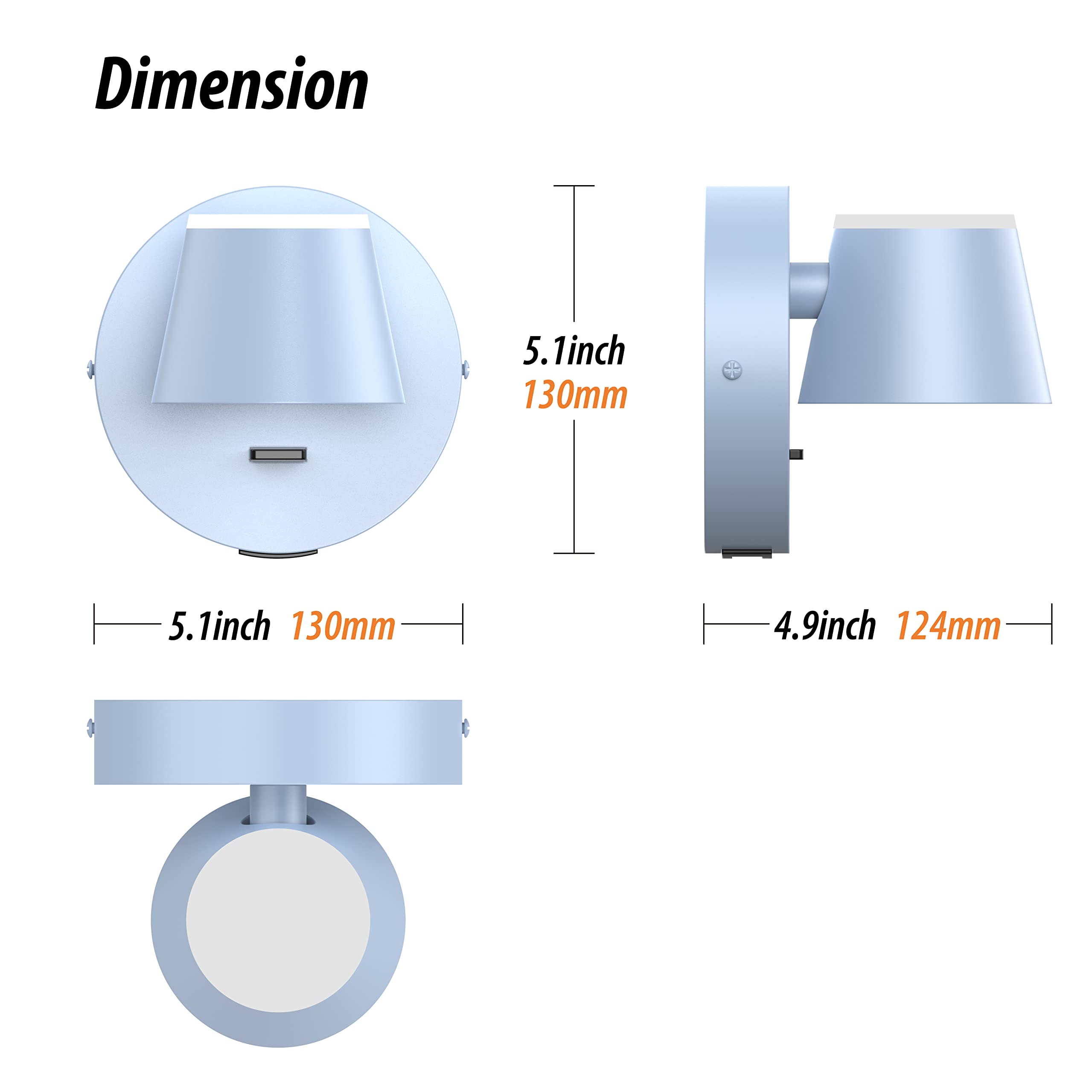 URSOLA LED Wall Sconce with On/Off Switch, USB Charging, 110V, Hardwired, Metal, 1 PC, Blue, Model 7540-1TBLU