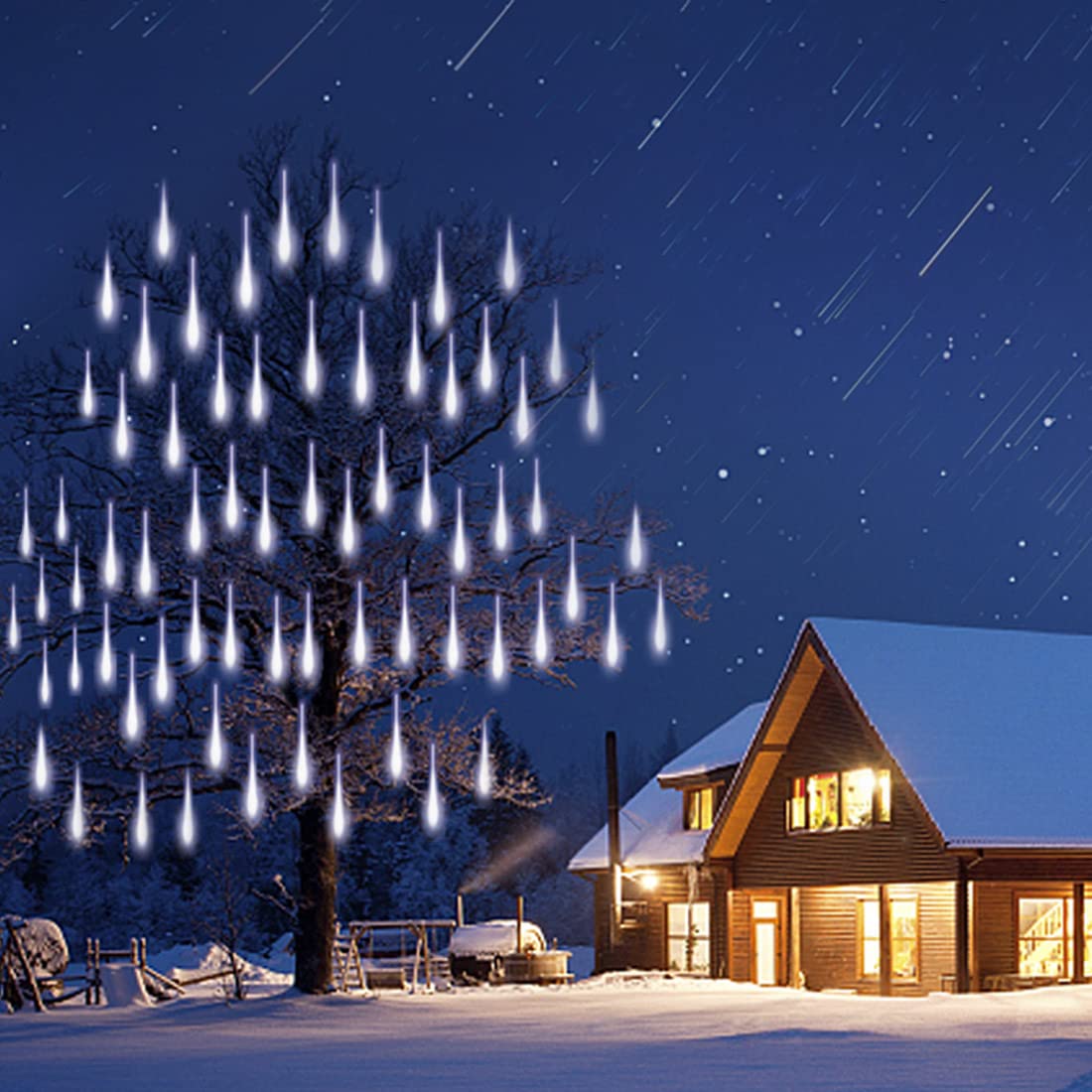 Adecorty Meteor Shower Lights, 8 Tubes, 192LED, White, UL Certified, 26.9ft Outdoor Christmas Decorations