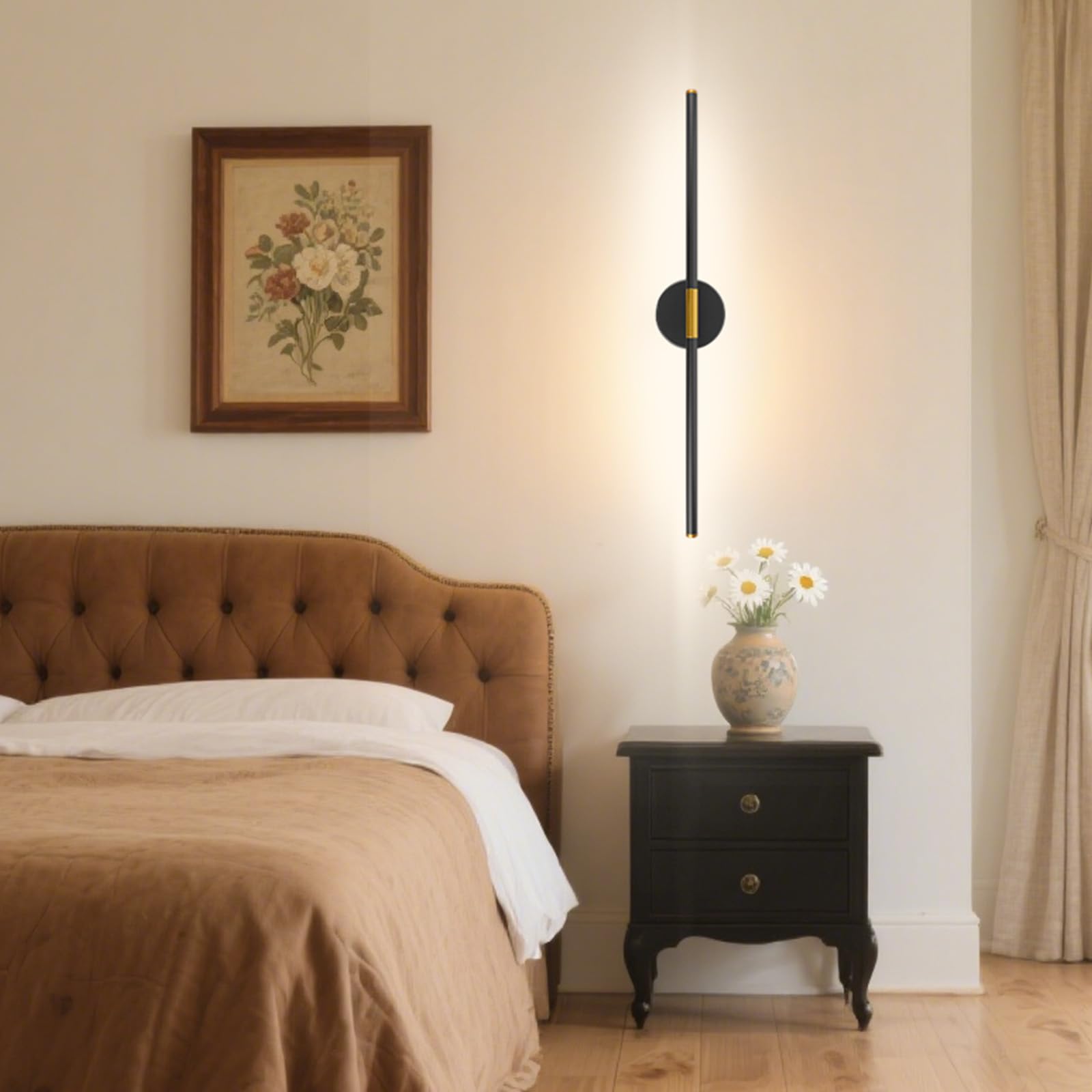 GvvooHome 28in Battery Operated Wall Sconce, 360° Rotation, LED, Wireless, Remote Control, Aluminum, Black Gold, Model HCP042