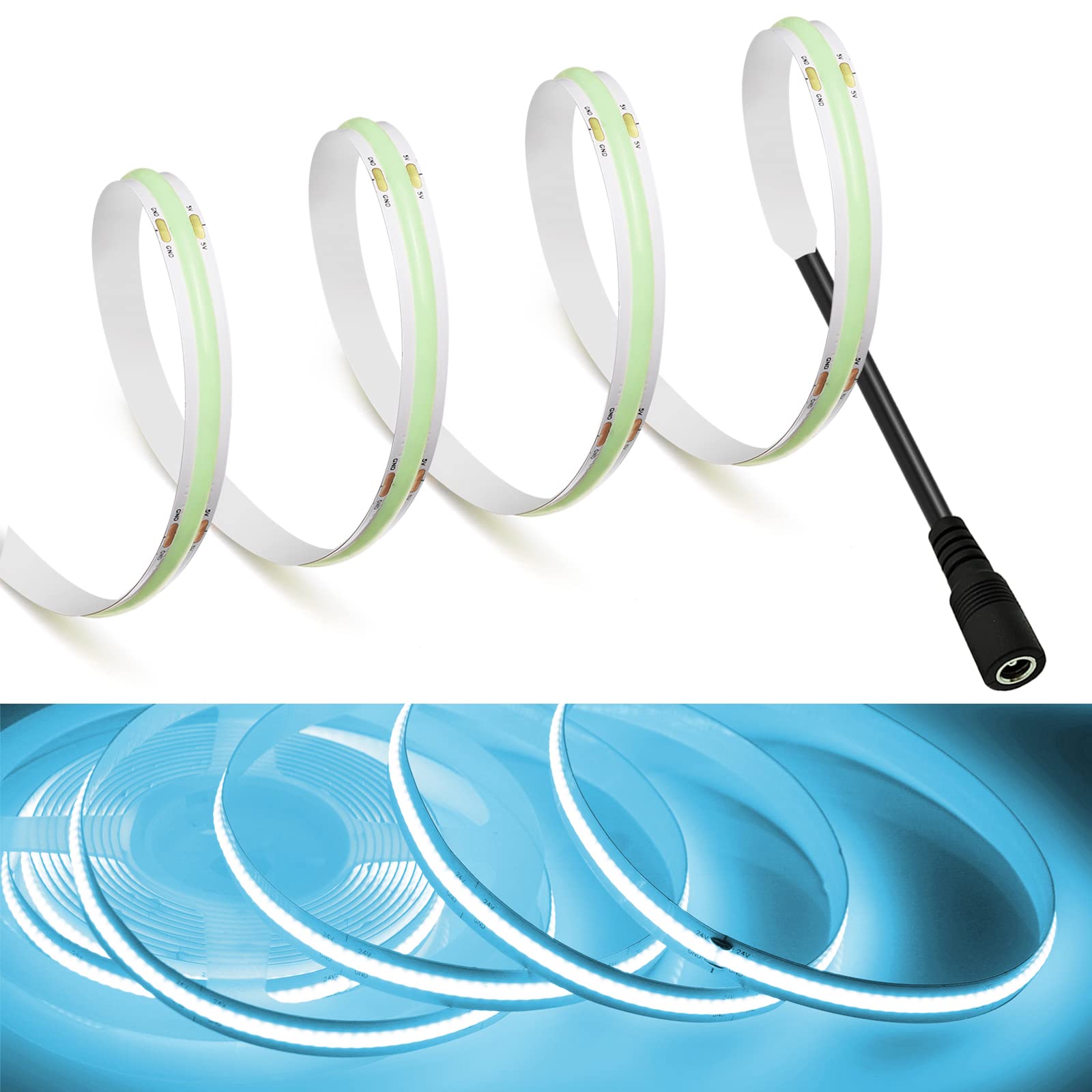 MDee?COB LED Band Lights Iceblue 6.56ft/2m DC Powered DC12V Flexible LED Tape Lights with DC Connector CRI 90+ 800LM/m 320LEDs/m for Indoor and Outdoor D?cor(Iceblue6.56ft/2m)