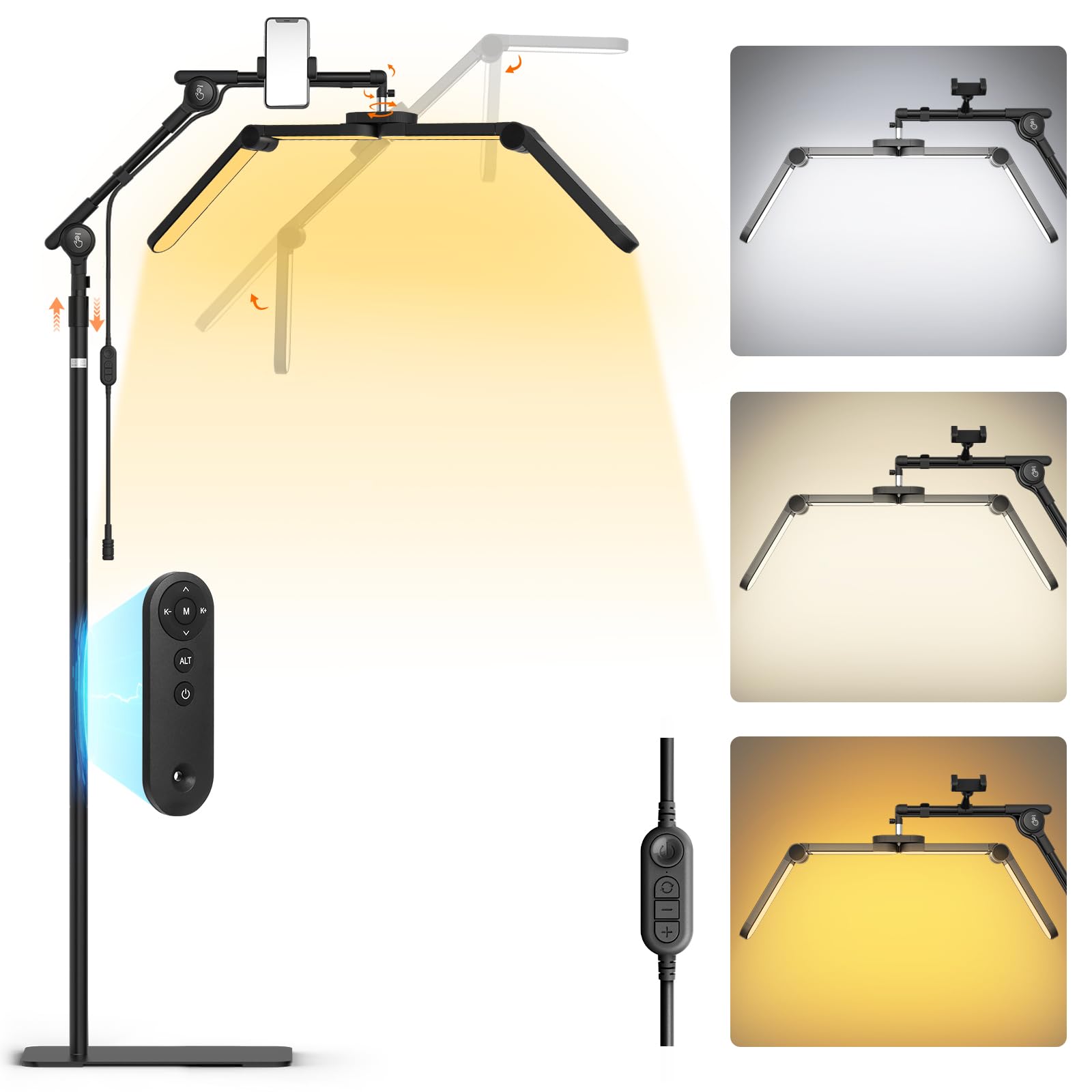 LIONVISON Half Moon Lash Light: Foldable Double Arms 6500K LED Floor Light with Phone Holder - 360 Rotating Retractable Metal St