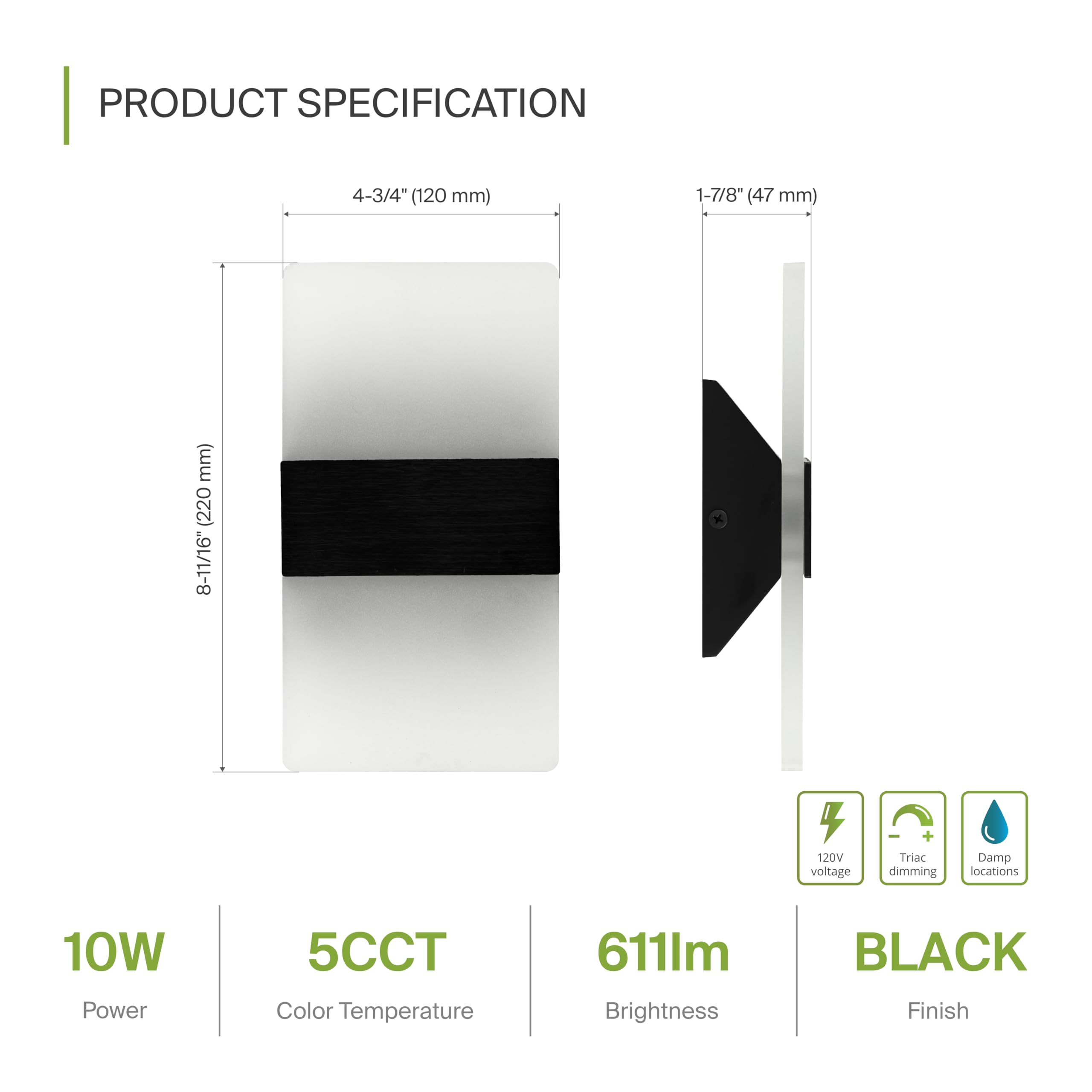 ASD LED Indoor Wall Sconce, Adjustable Dimmable 10W, 8 Inch, Matte Black, Model A-LWS12-8D10AC-BK, Acrylic Glass