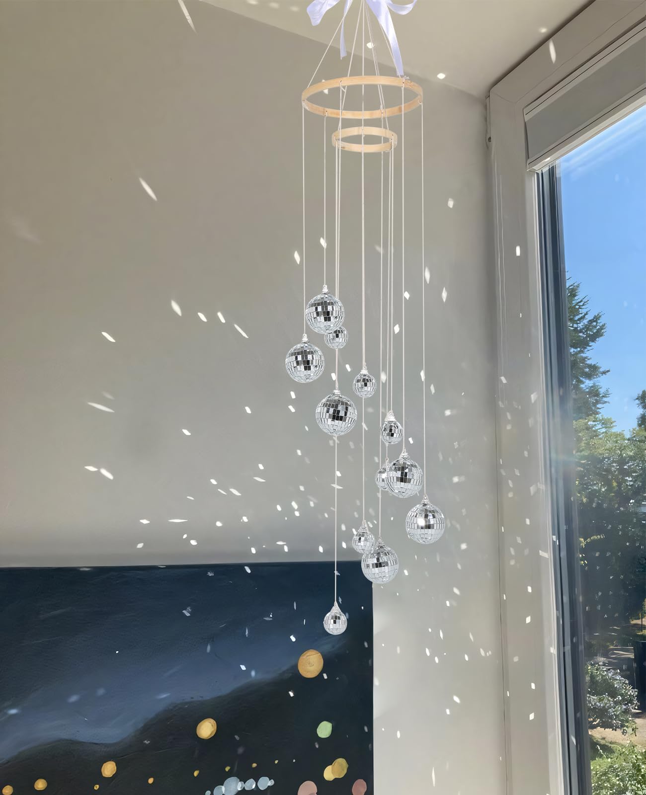 AceList Disco Ball Decor Sun Catcher, Handmade 35 Inch Double-Spiral, 12 Balls, Indoor Use, Big Ball, Model GZ-HM020SV-FBA