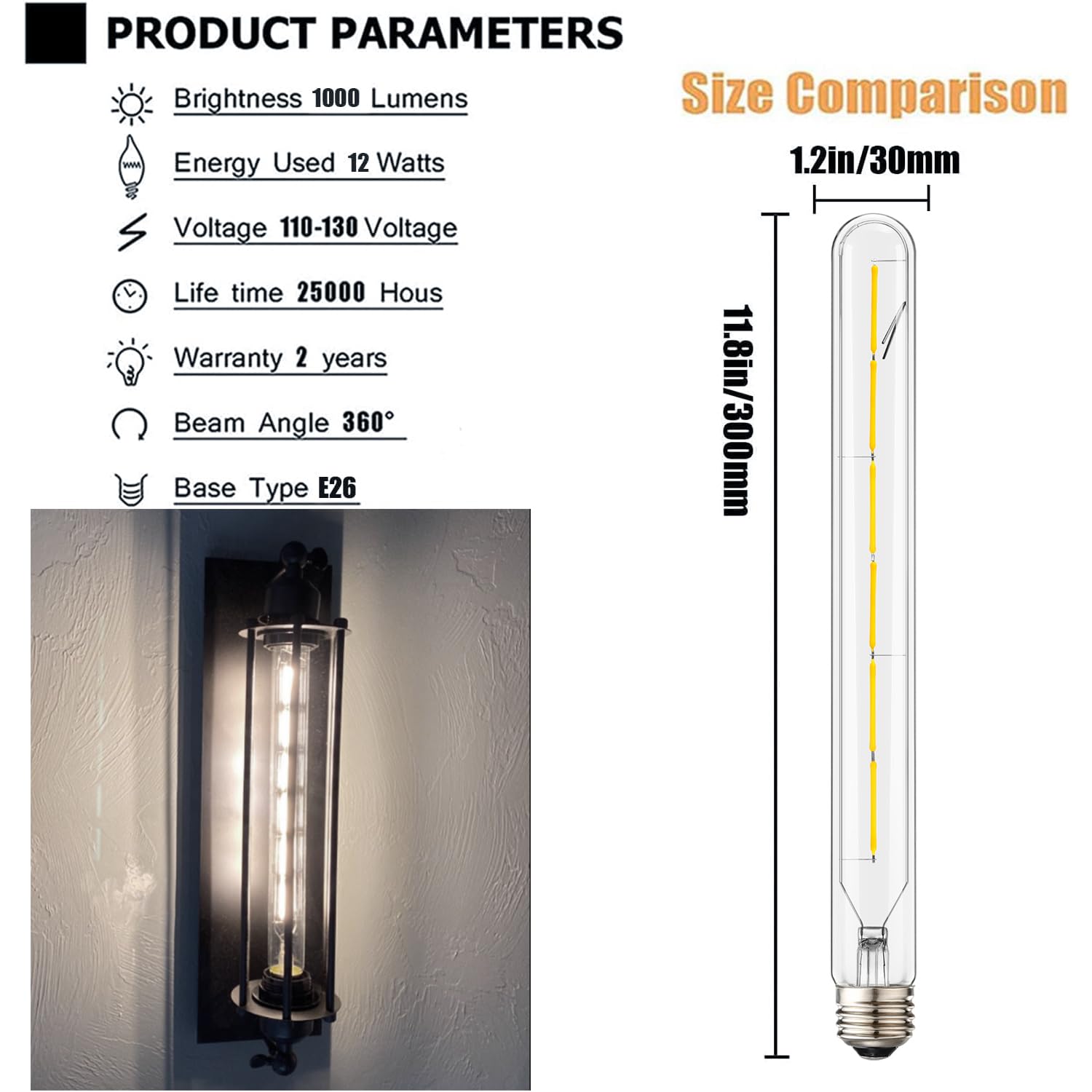 Leools T300 Dimmable Led Tubular Bulb 6W,Long Tube Edison Led Vintage Filament Bulb,60W Equivalent,4000K Daylight,Clear Glass,Co