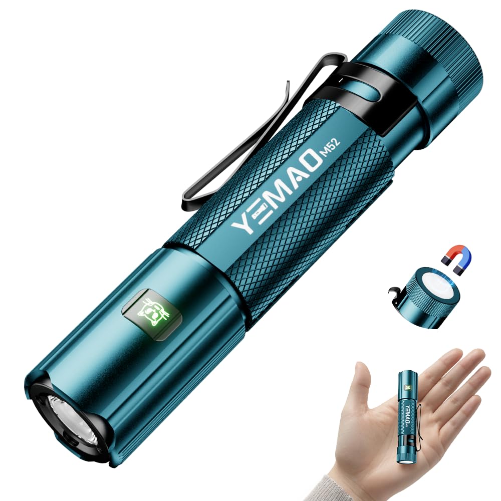 Yemao Emergency EDC Flashlight Rechargeable 1500LM Mini Light - 6 Modes with Magnet/Clip Portable Pocket-Sized Keychain Flashlight IP6 Waterproof LED Torch for Outdoor and Home Use (Blue)