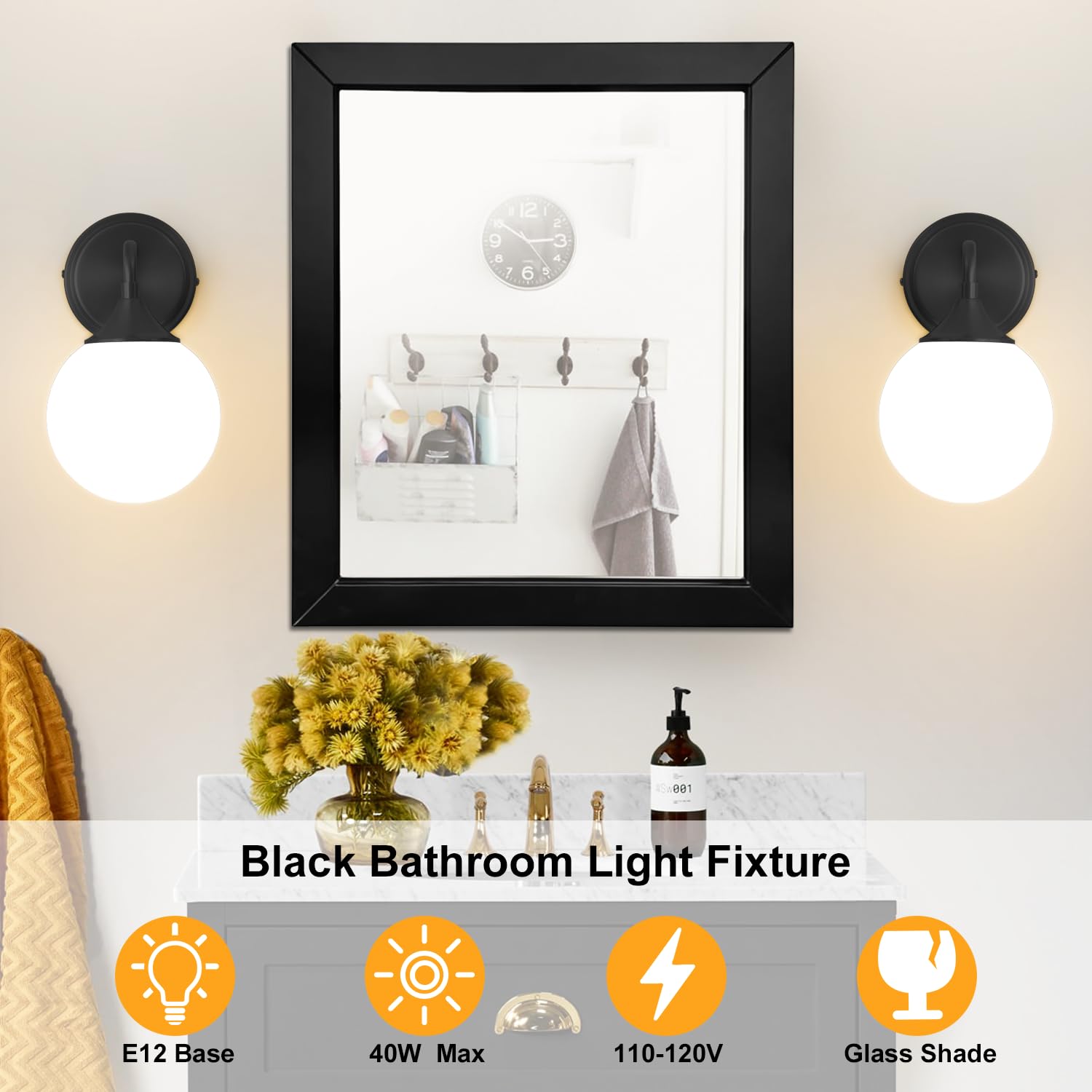 Ritakcdn Black Bathroom Light Fixtures, Modern Vanity Lighting Over Mirror, Mid Century Vintage Wall Sconce Set of Two 1-Light w