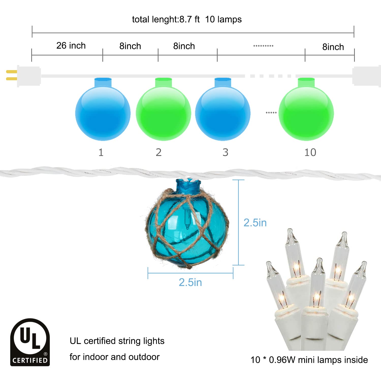 NIOSTA Ocean Beach String Lights, 10 Nautical Float Ball Lights, Plug in, Blue Green, FAP107A03A, Coastal Decoration