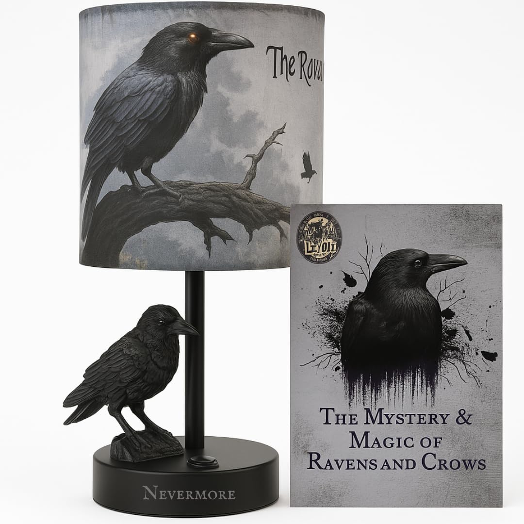 Raven and Crow Table Lamp - Valentines Goth Themed Gifts Lamp - Gothic Desk Lamp with LED Bulb - Nevermore Inspired Edgar Allan 