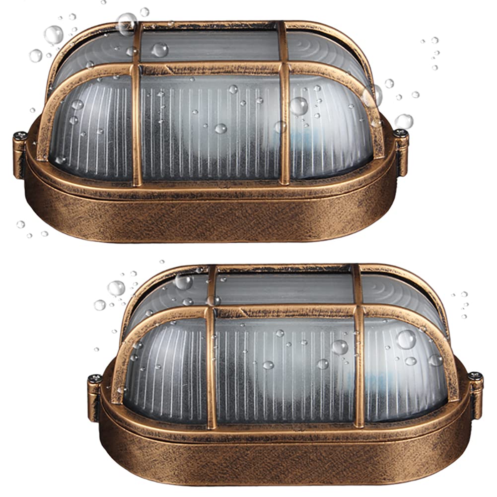 SENFAY 2 Pack Outdoor Oval Wall Lights, 8.3in Aluminum Frosted Glass Sconce, Bronze, Model 373-727-819