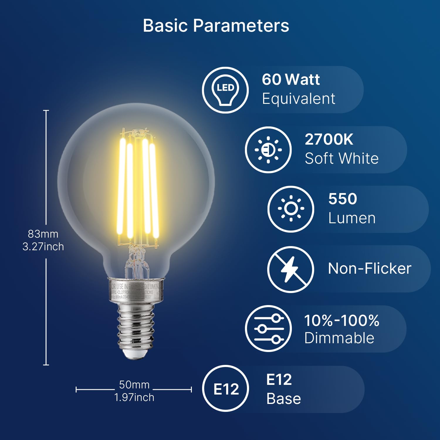 Flsnt G16.5 Dimmable Led Candelabra Bulbs 60W Equivalent, Led E12 Chandelier Light Bulbs, 550Lm, Cri90, 5.5W, Ac 120V, 6 Pack, 2