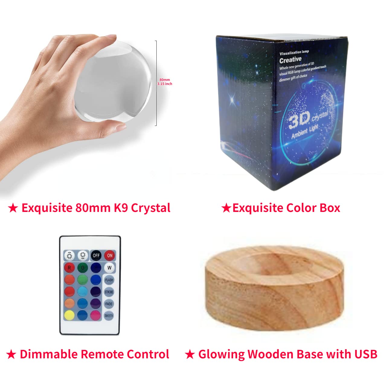 Digfpwt 3.15 Inch Axolotl Crystal Ball Lamp, 3D K9 Crystal Night Light With Wooden Base, 16 Color Change Remote, Clear Glass Bal
