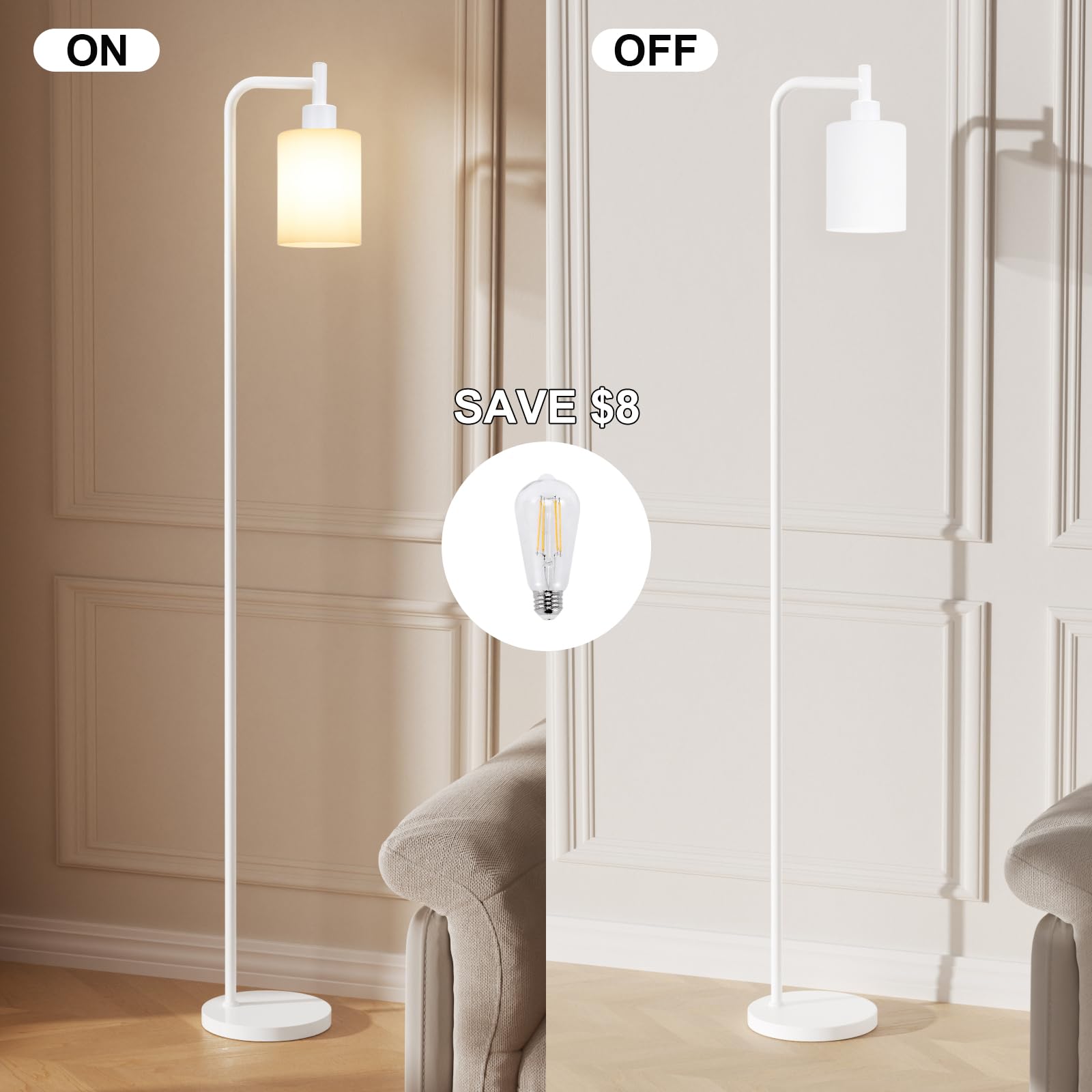 Ziisee Floor Lamps For Living Room - Industrial Standing Lamp With Glass Shade, Modern White Floor Lamp With Led Bulbs, Farmhous