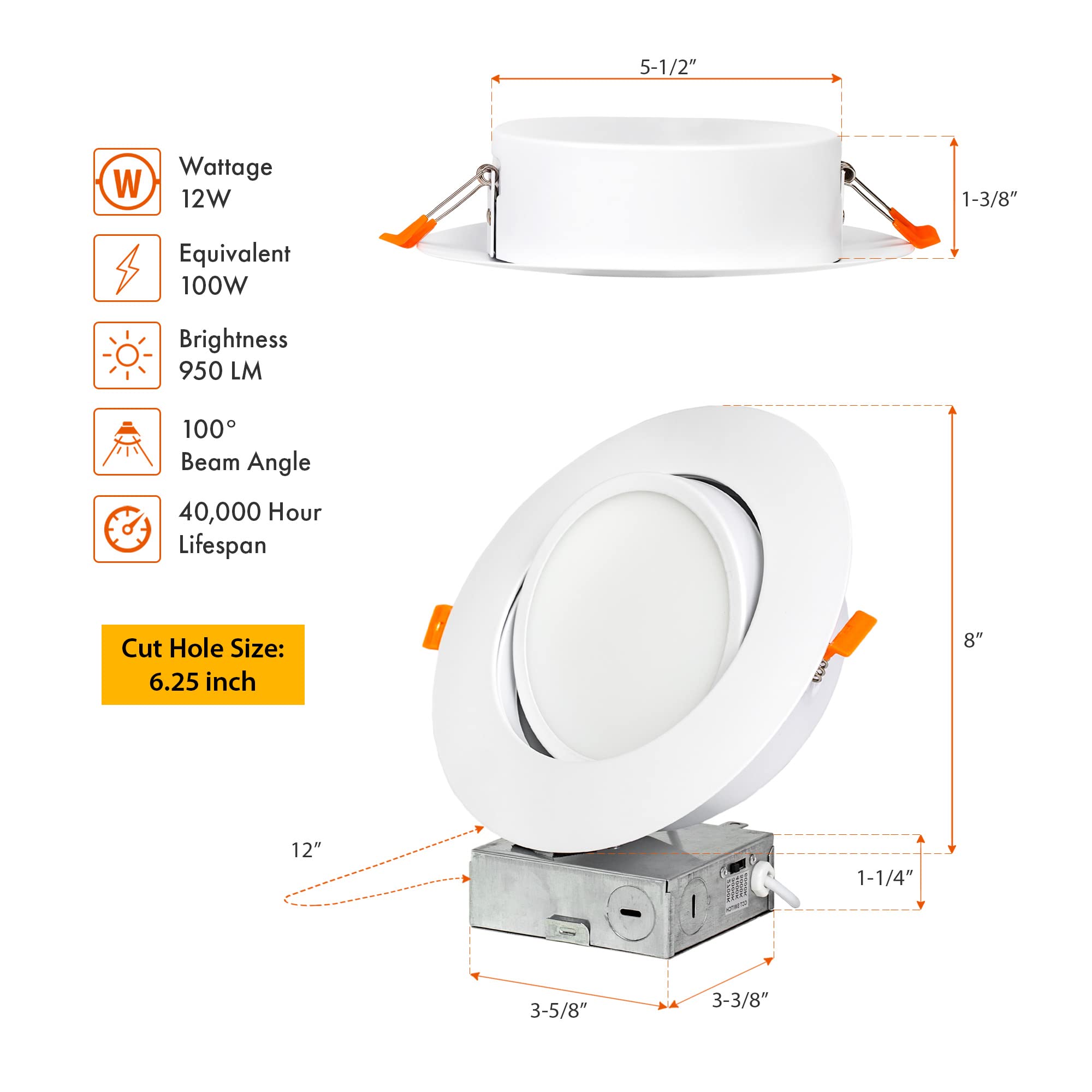 PROCURU 6-Inch Gimbal LED Downlight, 5CCT Adjustable, Dimmable, IC Rated, 4-Pack, Metal, 2700K-6000K Select