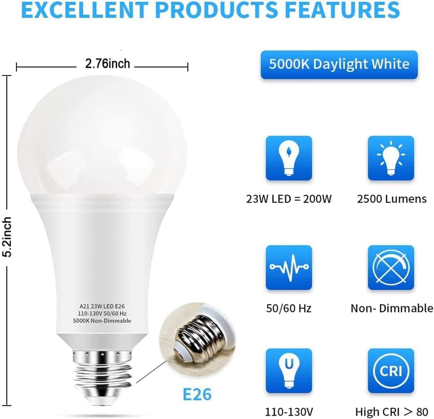 Ledera A21 Led Light Bulbs, 150 Watt Equivalent Led Bulbs, Daylight White 5000K, 2500 Lumens, E26 Base, 23W Light Bulbs For Bedr