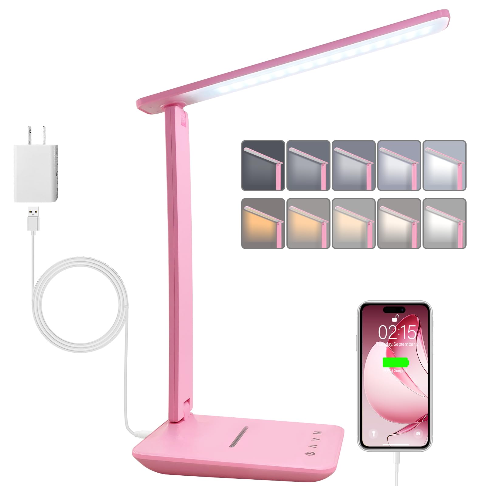 karidi LED Desk Lamp Dimmable Table Lamp with USB Charging Port  5 Lighting Modes  Sensitive Control  Foldable Portable Desk Light for Home Office Bedroom Reading (Pink  Standard Size - 13.3 inch)