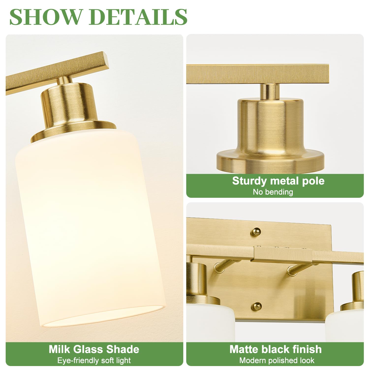 MOKATNG 4-Light Bathroom Vanity Light Fixture, Brushed Gold with Milky White Shades, Model YX-053