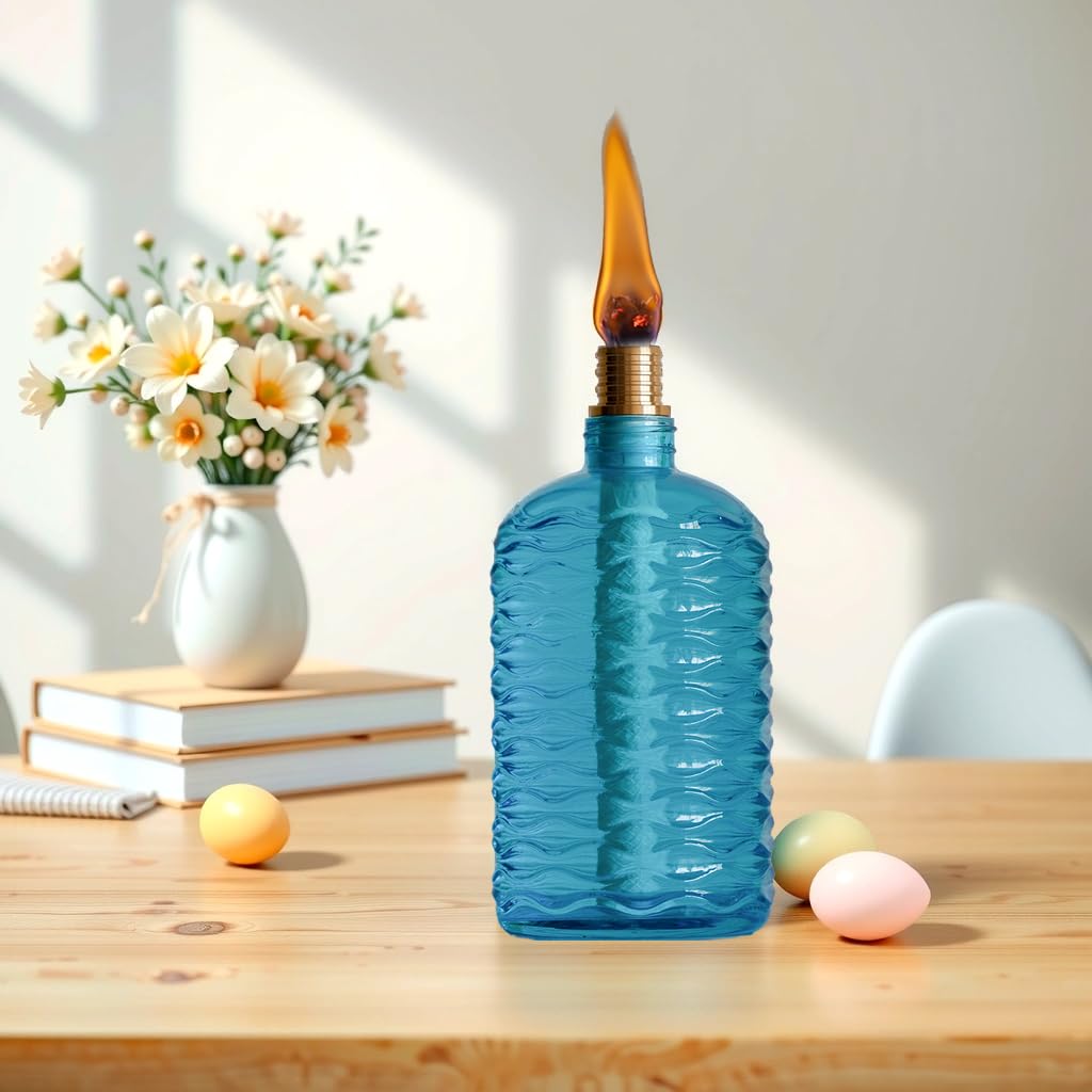 OEXEO 4PCS Glass Outdoor Tabletop Torch Set,Torch Wicks, Torch Light,Garden Torch,Patio Torches,Citronella Torches (Blue)