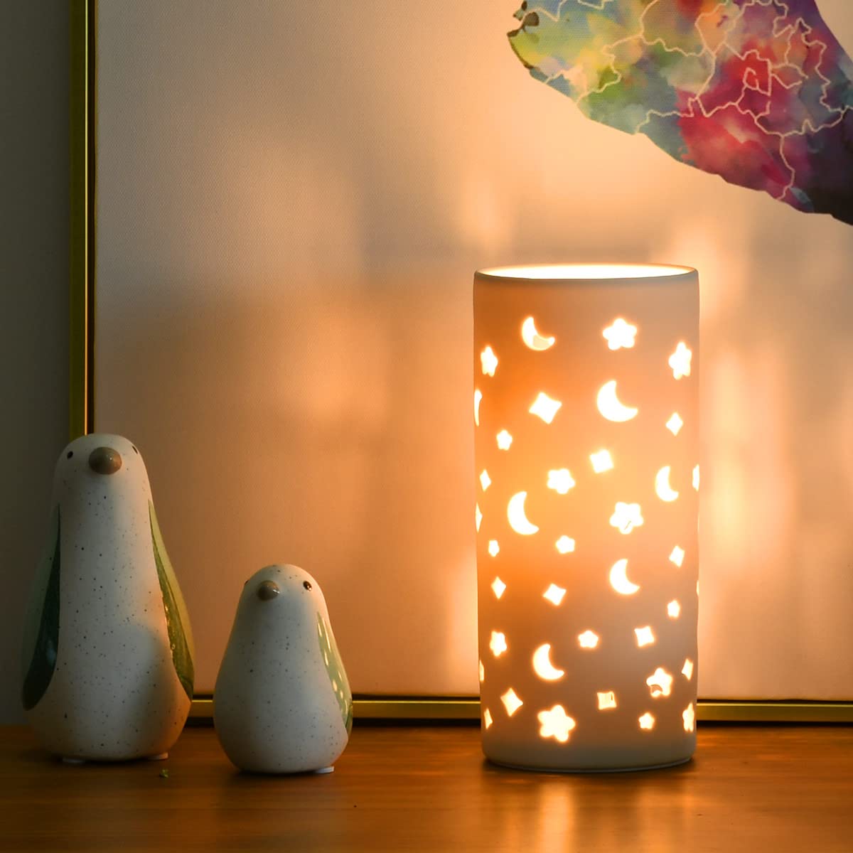 Lampwell Modern Ceramic Moon Carving Table Lamp, White, Φ3.54×H7.87IN, Model 21880, Perfect for Living Room & Bedroom