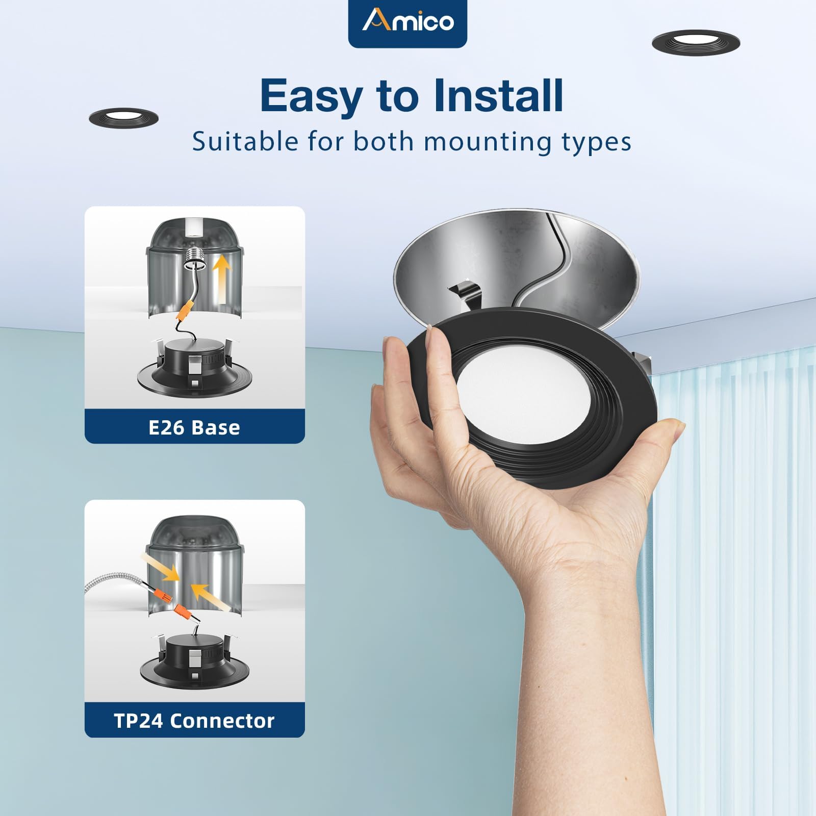 Amico 4 Inch 5Cct Led Recessed Lighting 12 Pack, Dimmable, Damp Rated, 9W=60W, Can Lights With Baffle Trim, Retrofit Installatio