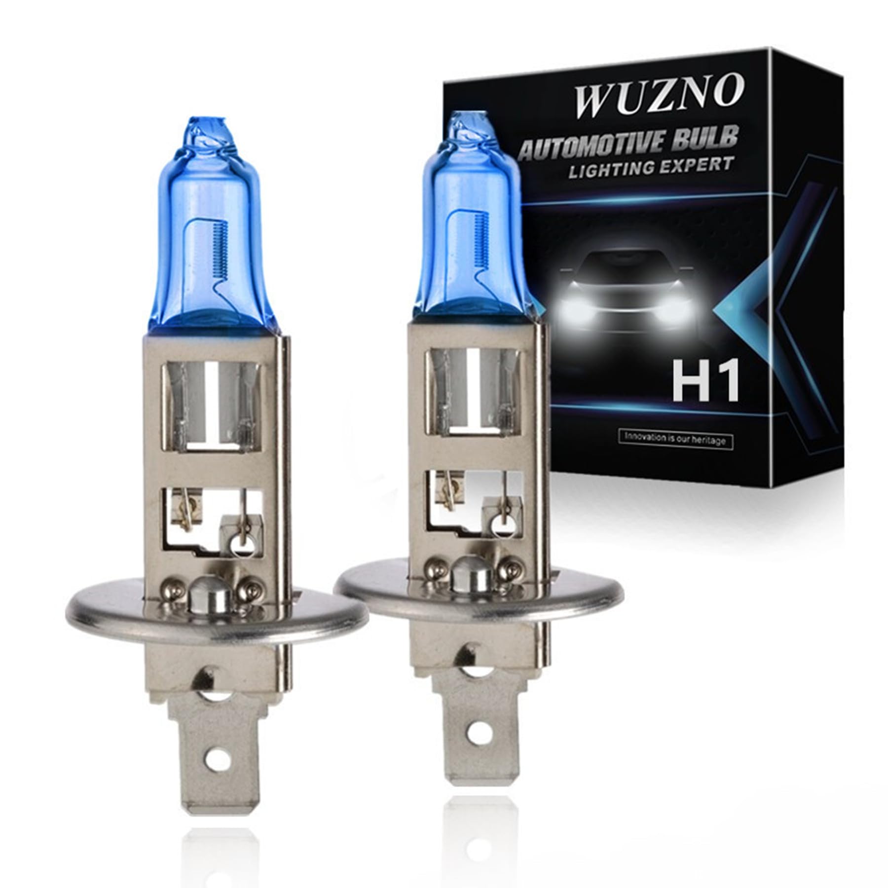 Wuzno H1 Halogen Headlight Bulb, 12V 55W, 5000K, Glass, 2-Pack, Model WZ-5K2H1