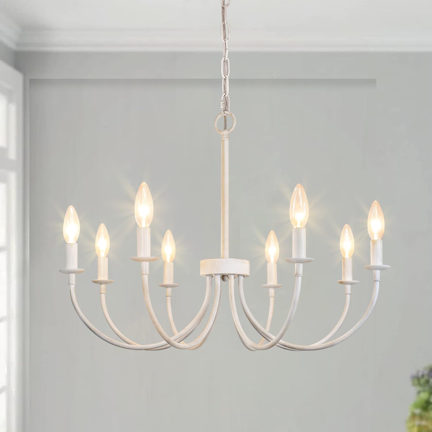 Rviezza French Country Chandelier, 8-Light Antique White Farmhouse Chandelier for Dining Room, Candle Hanging Pendant Light for 