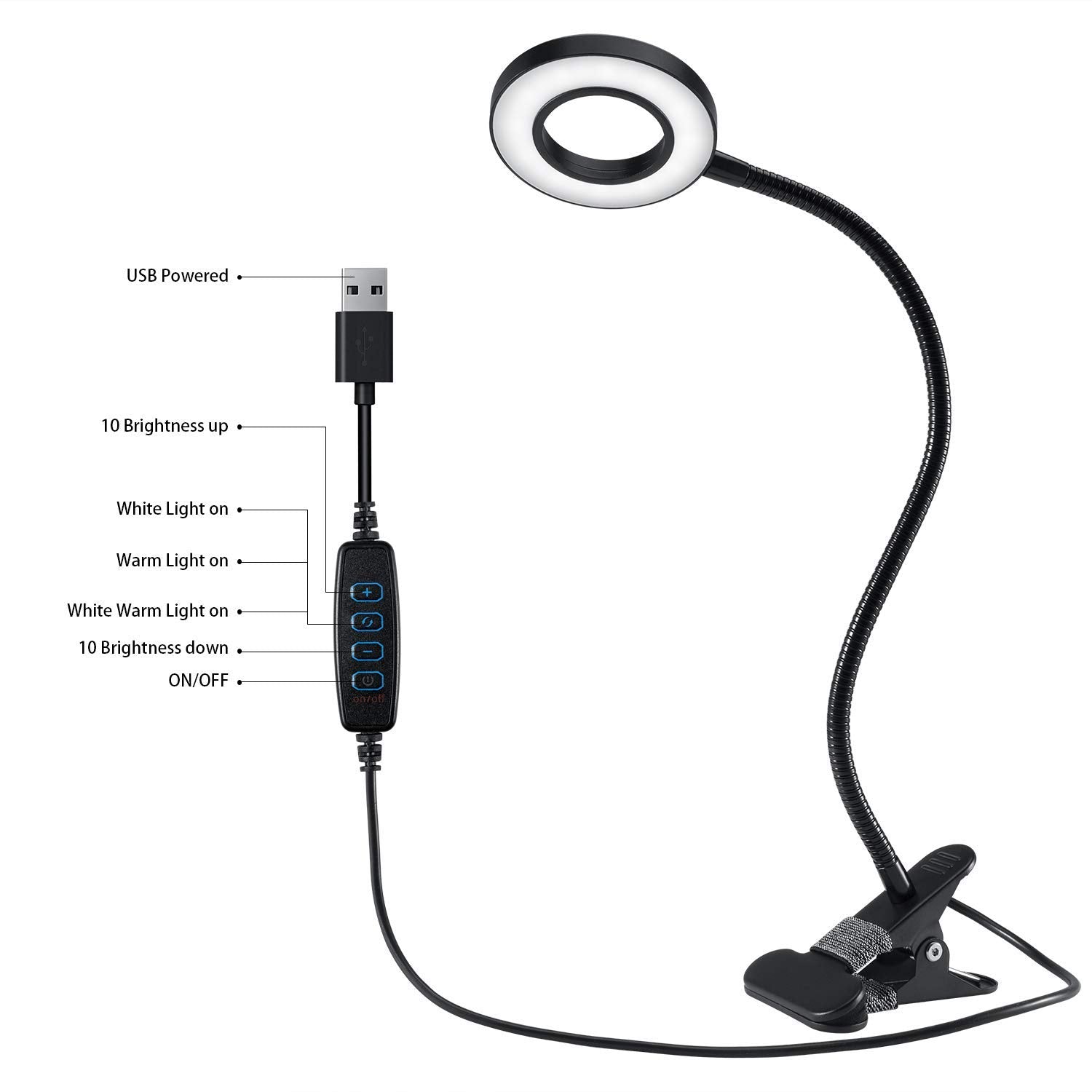 Qqappu Clip Light - 48 Led Clamp-On Desk Lamp, 3 Color Modes, 10 Brightness Levels, Flexible Gooseneck, Black