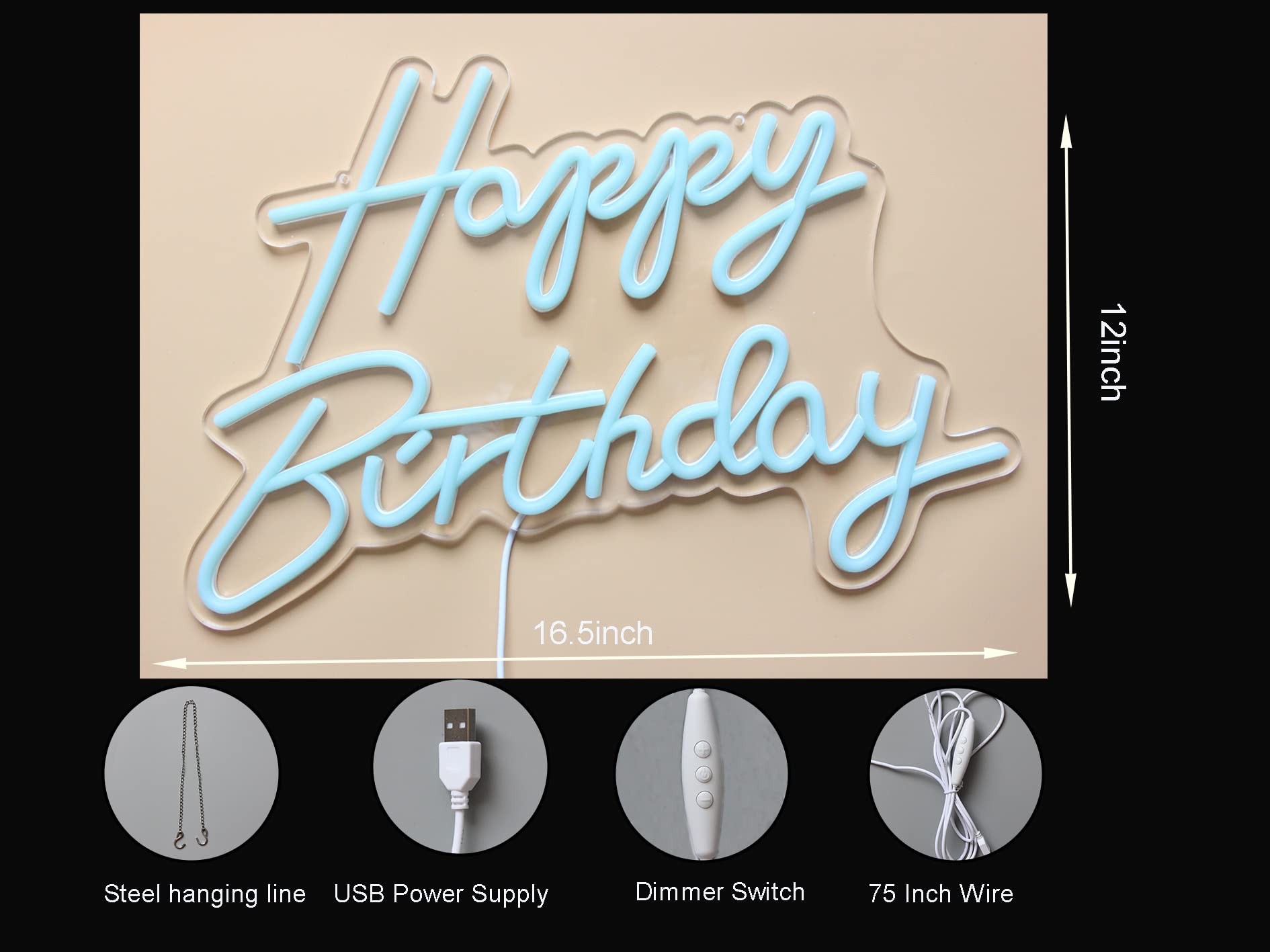 DAKABUKA LED Neon Happy Birthday Sign - Ice Blue Acrylic Night Light for Bedroom & Party Décor, Model NL004