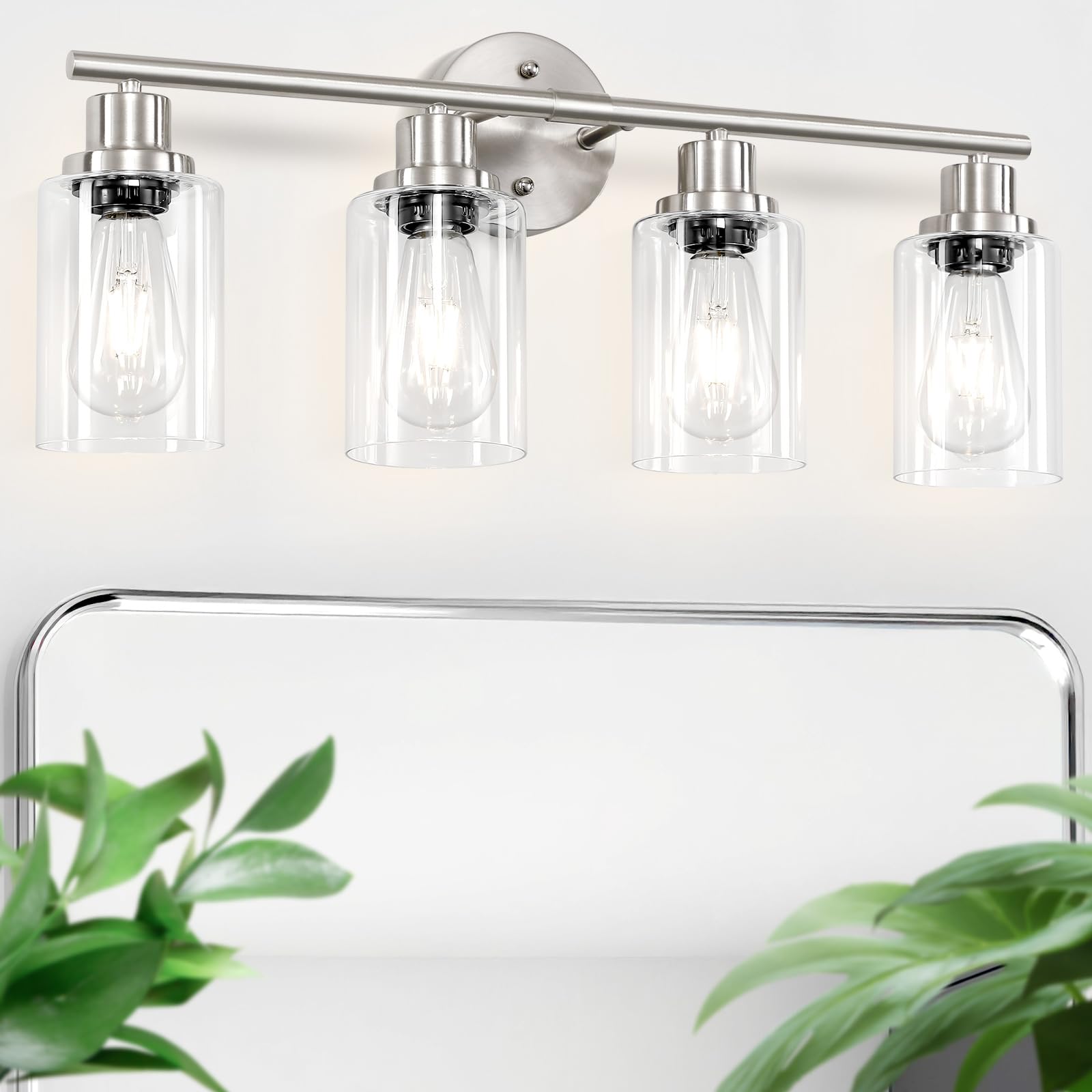 Guliaofo 4-Light Nickel Bathroom Light Fixtures, E26 Modern Vanity Lights, Clear Glass Shade, Model Gu-111-QGN-4