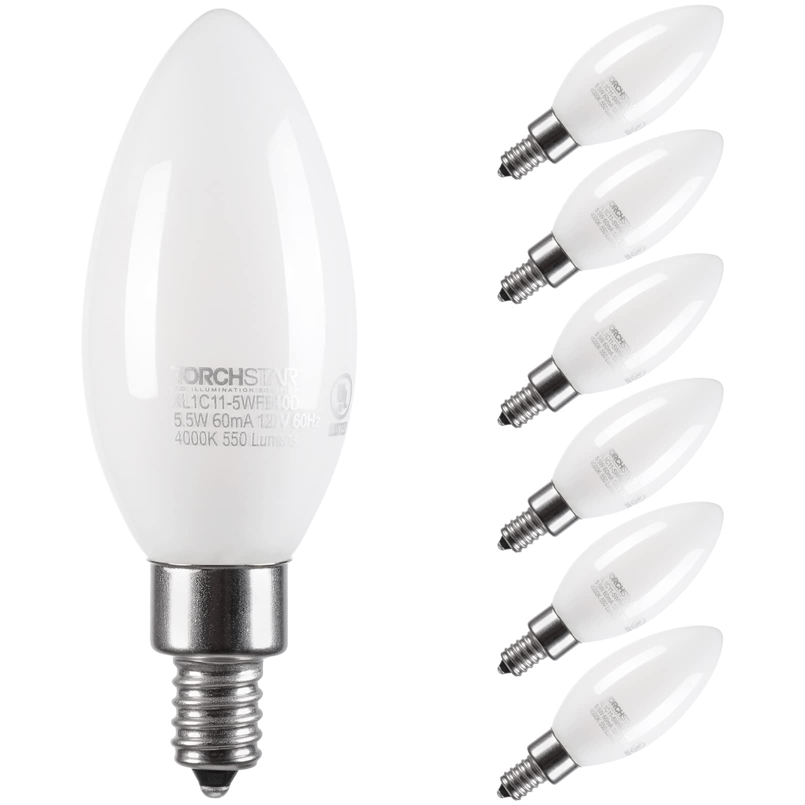 TORCHSTAR Dimmable E12 LED Candelabra Bulb, 60W Equivalent, 550LM, Frosted Glass, 4000K Cool White, Pack of 6