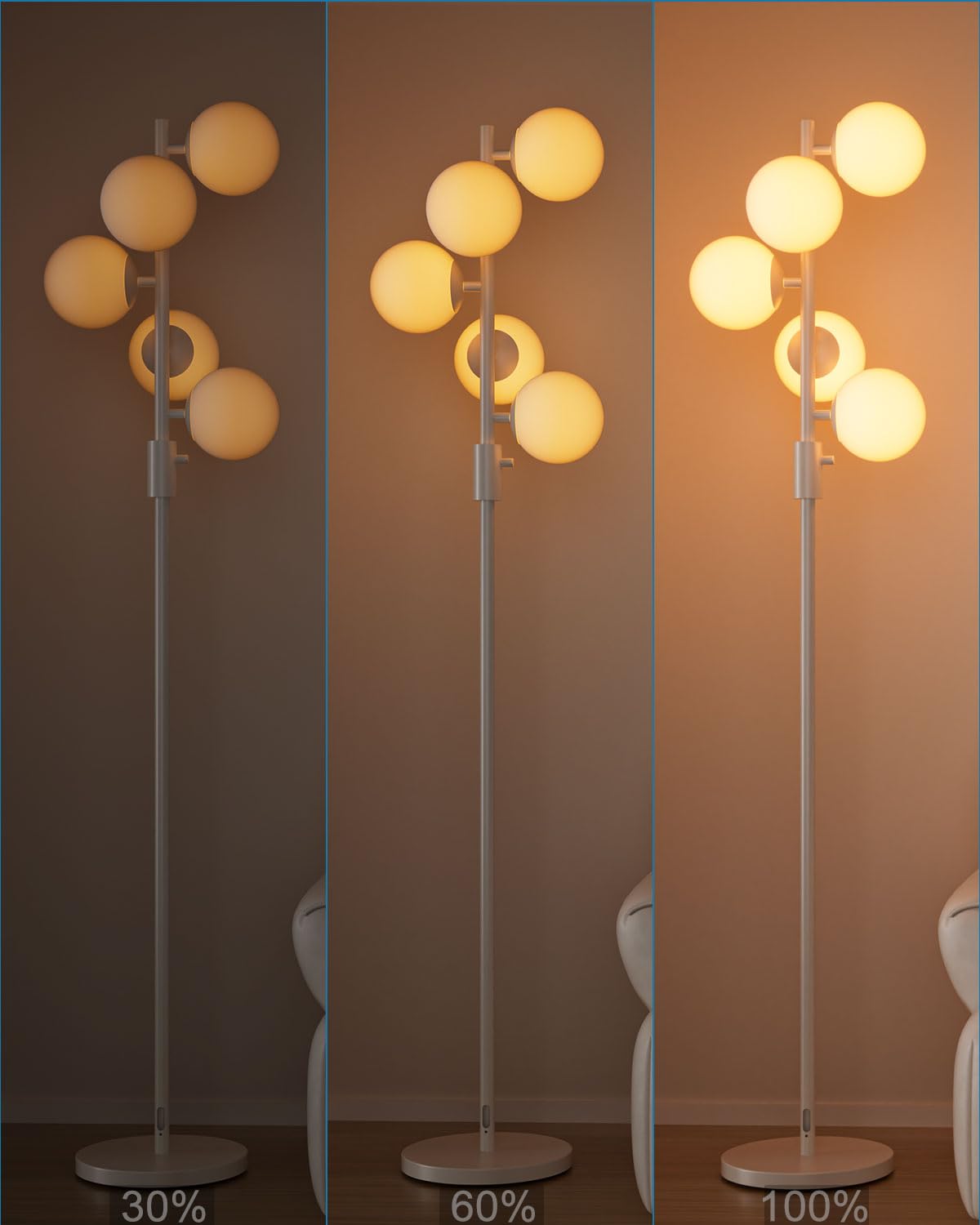 Acohook 64In Dimmable White Floor Lamp, Tall Standing Lamps With 5 Globe Soft Warm White Eye Care 3000K G9 Bulbs, Mid Century Mo