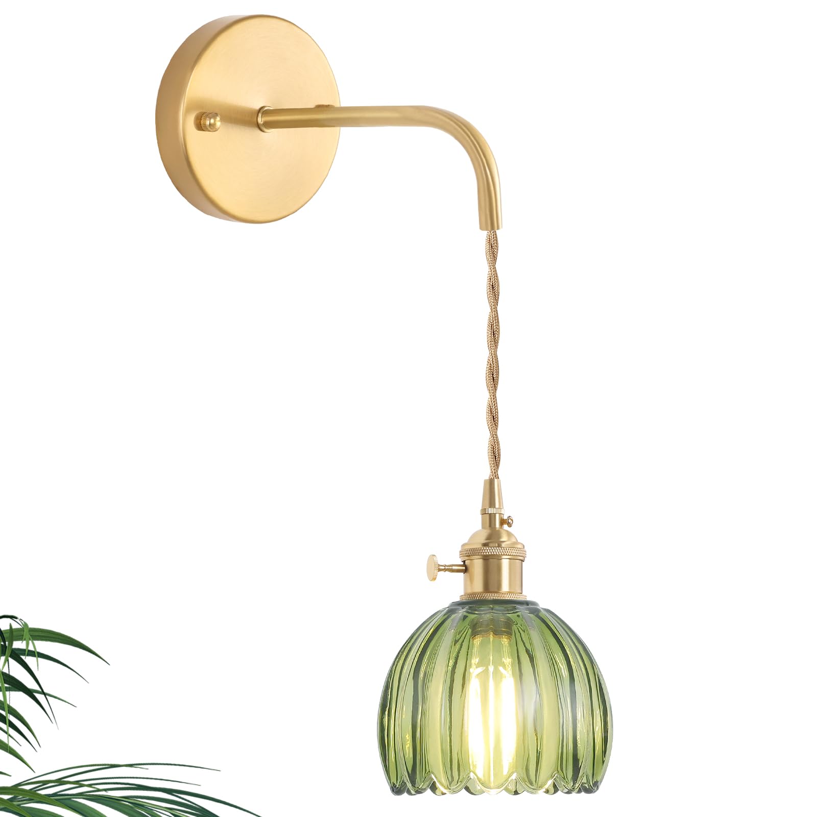 Shenmoyl Vintage Wall Sconce Wall Lamp Green Tulip Shade Pattern Glass Adjustable Chain Retro Gold Wall Mounted Light, Wall Lamp Fixtures Decor For Bedside Bedroom Indoor Doorway