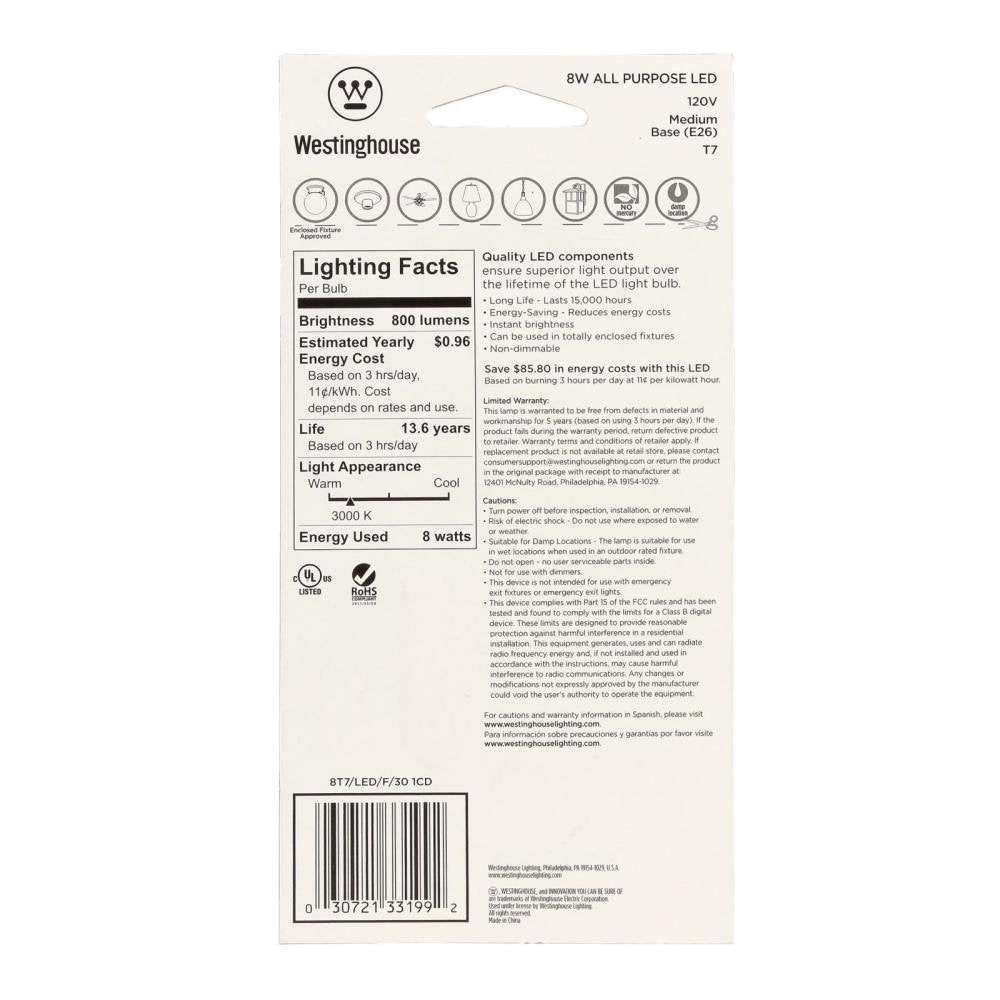 Westinghouse T7 Bright White LED Light Bulb, 60-Watt Equivalent, Frost, 4 Count, Model 3319920