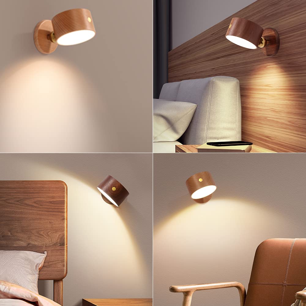 HBGFHG Wooden LED Wall Sconce, 360° Rotatable, Dimmable, Rechargeable, Battery Operated, Beech Wood, 2pcs, Model NO-HB01300