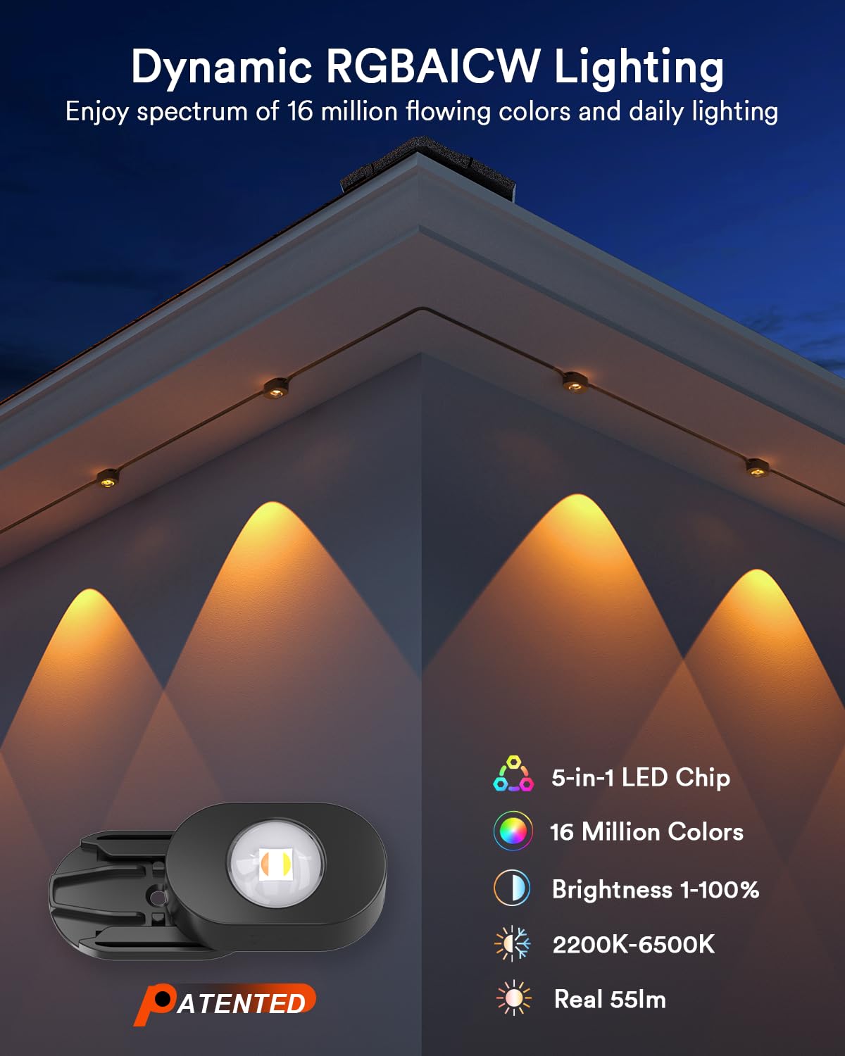 Lumary Smart Outdoor Lights 100ft, 60 RGBAICW LEDs, 3600lm, Remote Control, Black, Gen2-Model L-PO60F2, Perfect for Halloween
