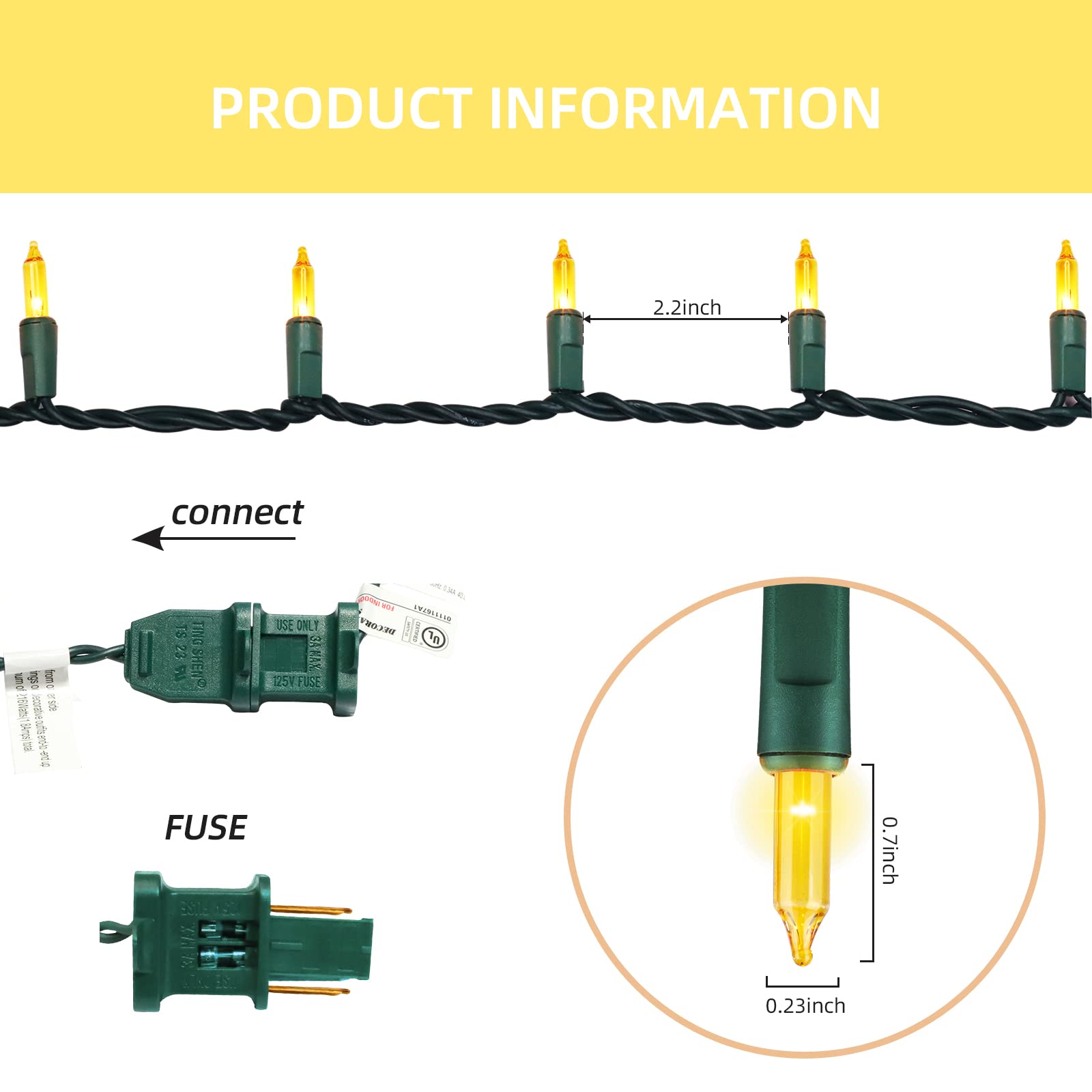 Xmashome 19.6Ft Green Wire Yellow String Lights, 100 Count Incandescent Christmas Lights (Yellow, 100 Lights)