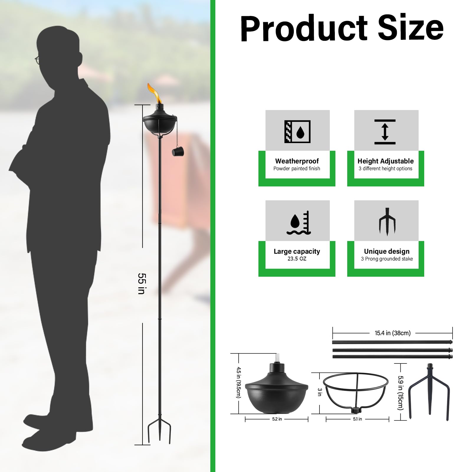 Zszmfh 4 Pack Home Garden Torch, Large Capacity 23.5Oz Outdoor Metal Torch Garden Décor,55-Inch Upgraded Citronella Torches With 3-Prong Grounded Stake, Table Top Torches For Party Patio Pathway