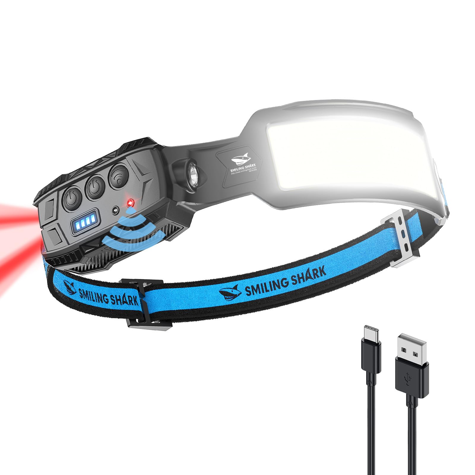 Smiling Shark Headlamp, Head Lamp Led Rechargeable 6 Modes 7*White Lights 270 Lighting Width Motion Sensor Red Tail Light For Ca
